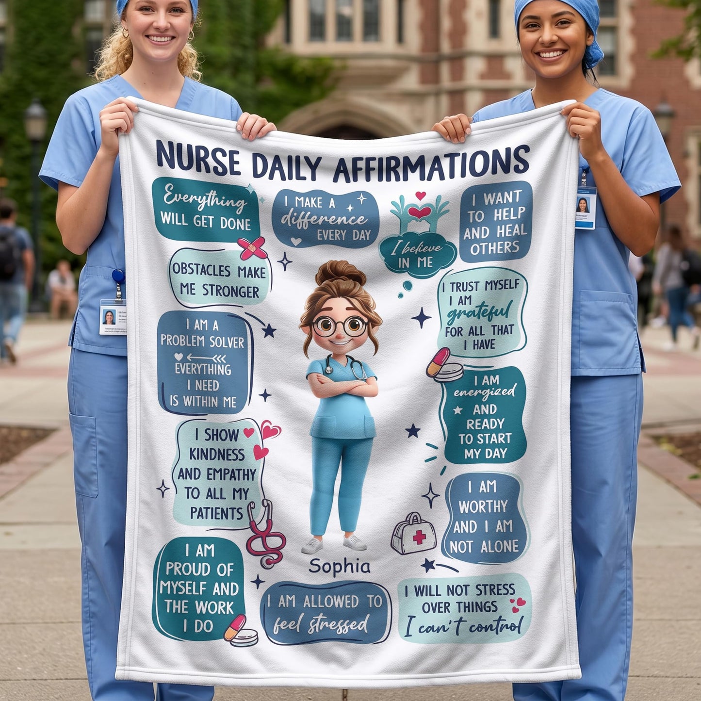 Ipplee Nurse Daily Affirmations Personalized Blanket with Custom Name, 3D Cartoon Fleece Throw for RN LPN NP Graduation, Nurses Week Appreciation Birthday for Women