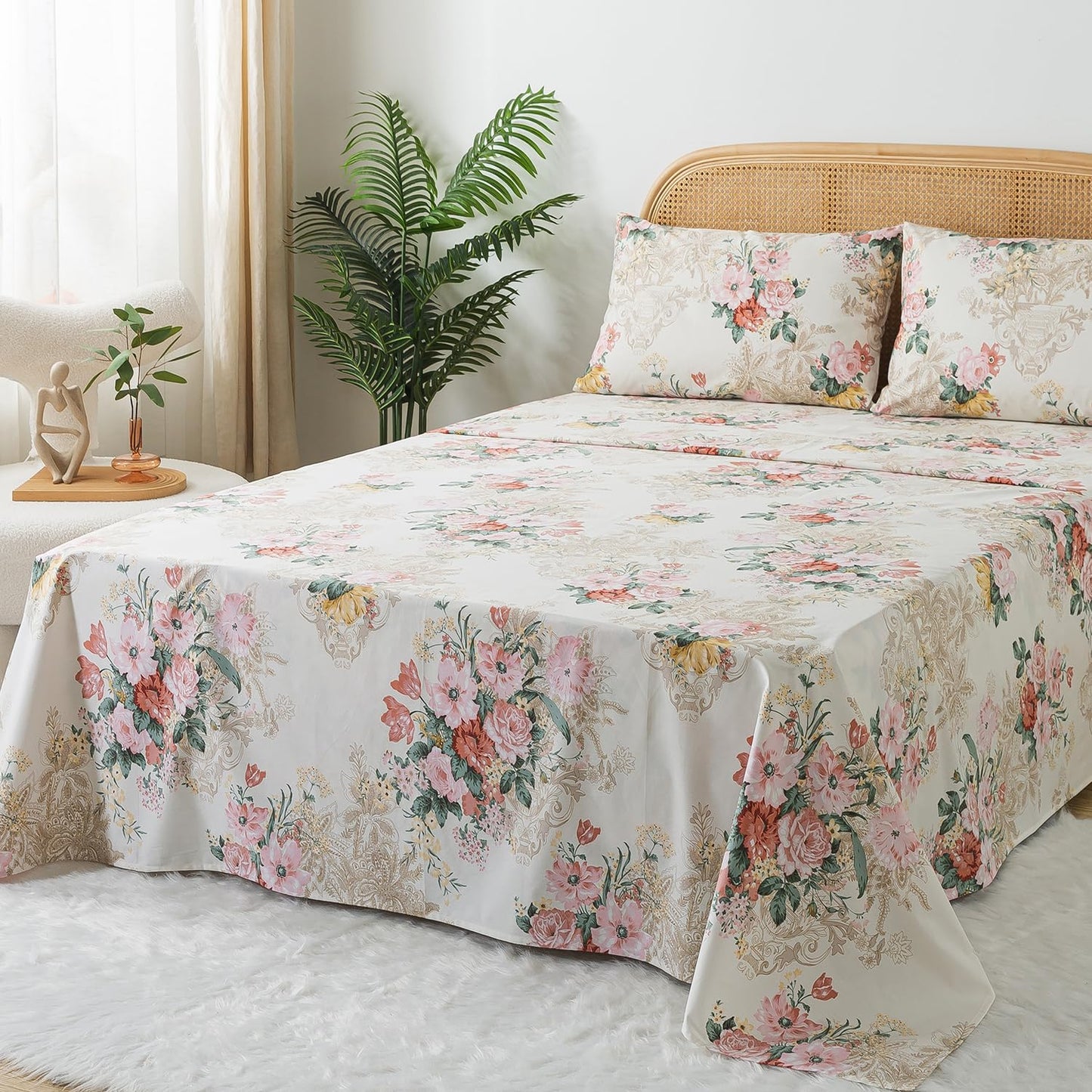 Zusbest- Queen Sheets, Soft 100% Cotton Pink & Cream Floral Bed Sheets,Shabby Vintage Chic Peony Flower Printed Sheets, Breathable Luxury Bedding 4 Piece Deep Pocket Sheets