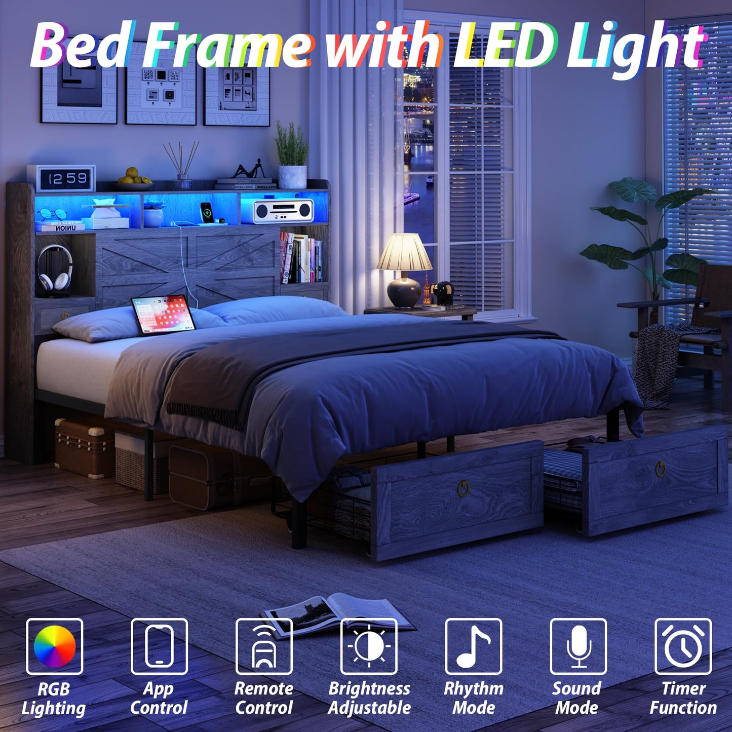 TIGUBFRE Full Bed Frame with Storage Headboard, Farmhouse Wood Bed Frame Full Size with 4 Drawers, LED Light & Charging Station, Metal Slats Support, Noise Free, No Box Spring Needed, Rustic Gray