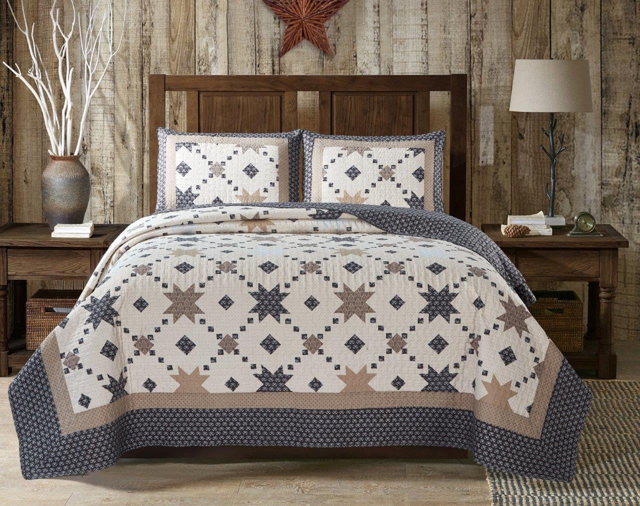 Virah Bella 3 Piece Full/Queen Cabin Quilt Bedding Set - Midnight Star - Rustic Country Reversible Patchwork Comforter Set with Decorative Pillow Shams