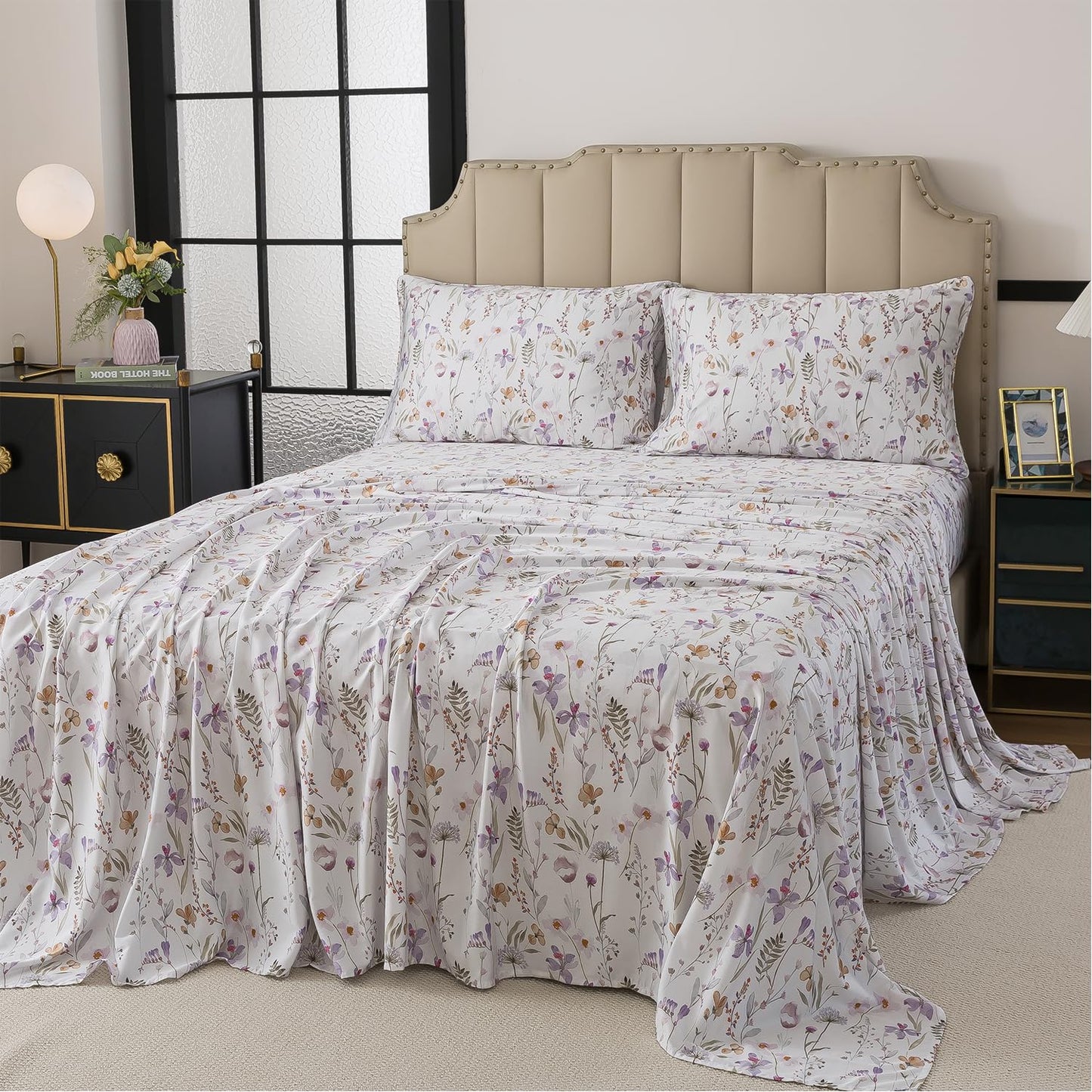 FADFAY Twin Size Sheet Set, 70% Viscose Derived from Bamboo, 30% Cotton 4 Pieces Country Style Lavender and Orange Floral Print Bedding, Deep Pocket Fitted Sheet