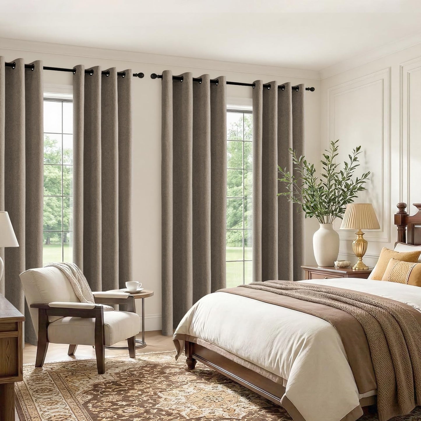 HushLoom 100% Blackout Curtains for Bedroom, Luxury Chenille Thermal Insulated Drapes for Living Room, Energy Saving Room Darkening 84 Inch Long Curtains, Grommet Top, 2 Panels, 52" W x 84" L, Brown