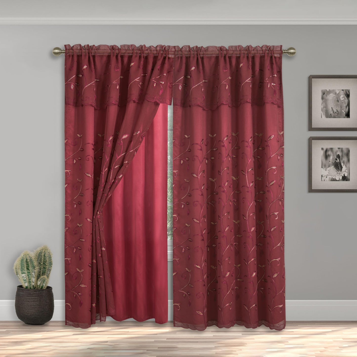 Elegant Comfort Luxury Curtain/Window Panel Set with Attached Valance and Backing 54" X 84 inch (Set of 2), Burgundy