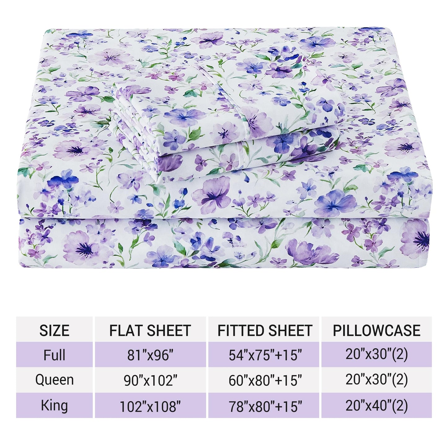 Viviland Floral Queen Sheet Set - 4 Piece Vintage Lavender Flower and Leaves Patterned Bed Sheets - Soft, Breathable Microfiber Sheets with Deep Pocket, Non-Slip Fitted Sheets & Pillowcases