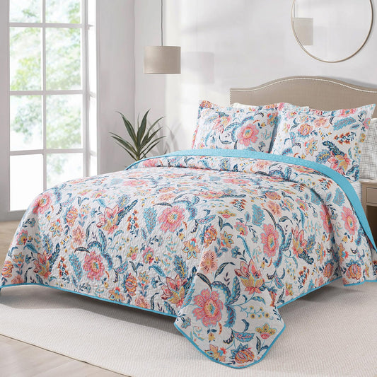 BEDIFANY Garden Cotton Filling King Size Quilt Set - Lightweight Bedspreads King Size (98 x 106 inch) with Colorful Floral Pattern - Farmhouse King Quilt Bedding Sets for Bed Coverlet, 3 Pieces