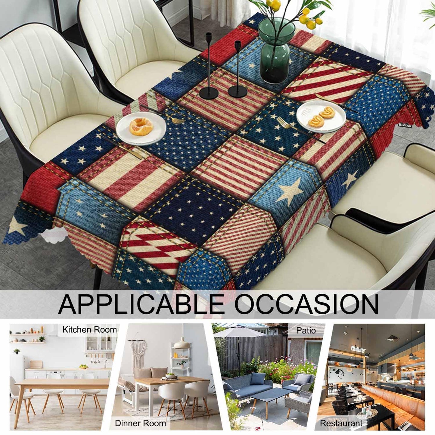 Beabes American Flag Tablecloth for Rectangle Tables Denim Patchwork of American Flag Picnic Table Cover Indoor and Outdoor Table Cloth Camping Tablecloths for Dinner Kitchen 52"X70"
