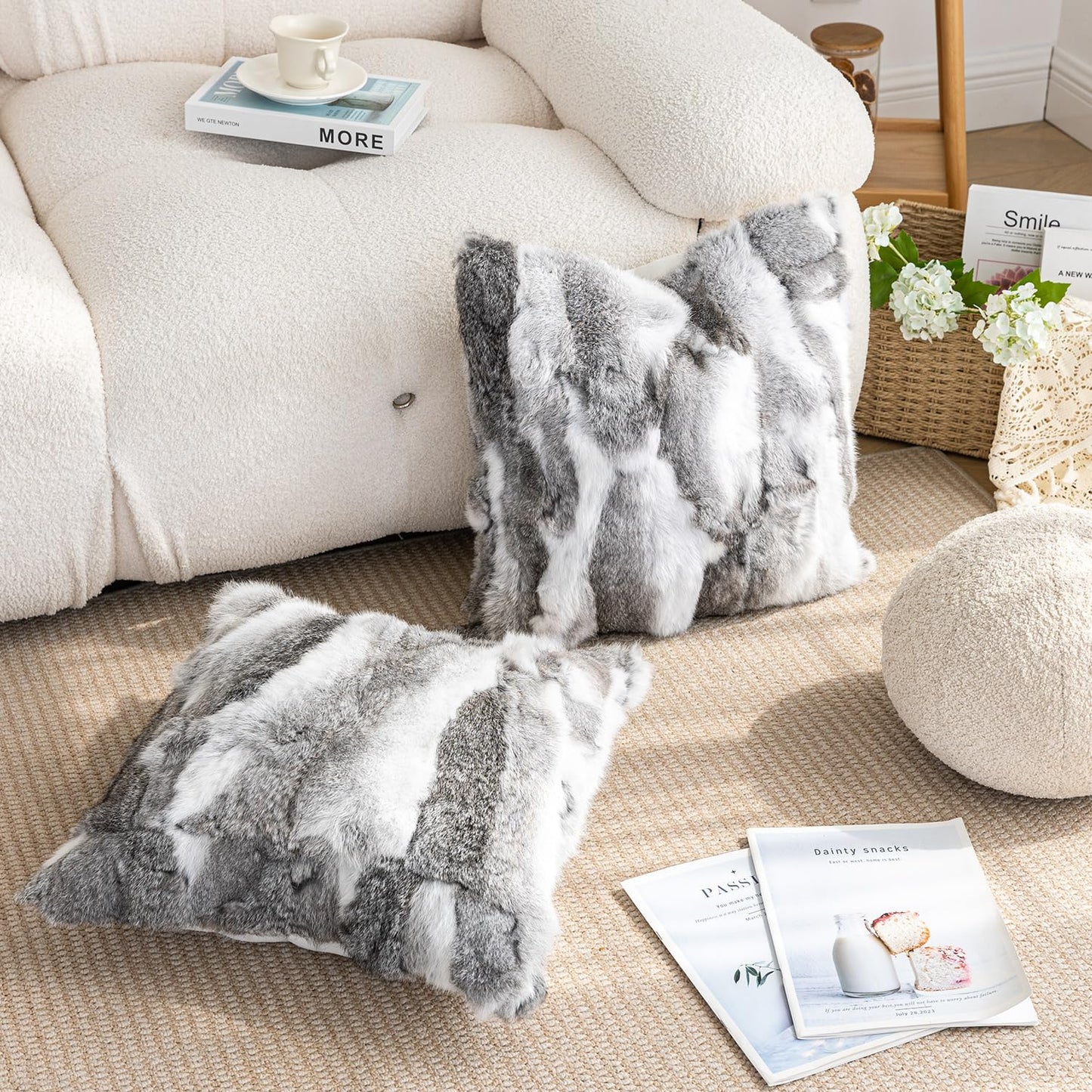 ROSE FEATHER Genuine Rabbit Fur Throw Pillow Covers Set of 2, Luxury Decorative Pillowcases Soft Fluffy Animal Skin Accents Cushion Cover for Couch Sofa Bedroom Living Room Home,18x18 inch,Gray-White