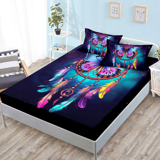 HOSIMA Dream Catcher Fitted Sheet Set 3Pcs,Indian Hippie Feather Boho Bedding Toddler Room Decor for Girls Boys,Native American Gypsy Butterfly Bed Set Twin Bed in a Bag Set for Adults Teens.