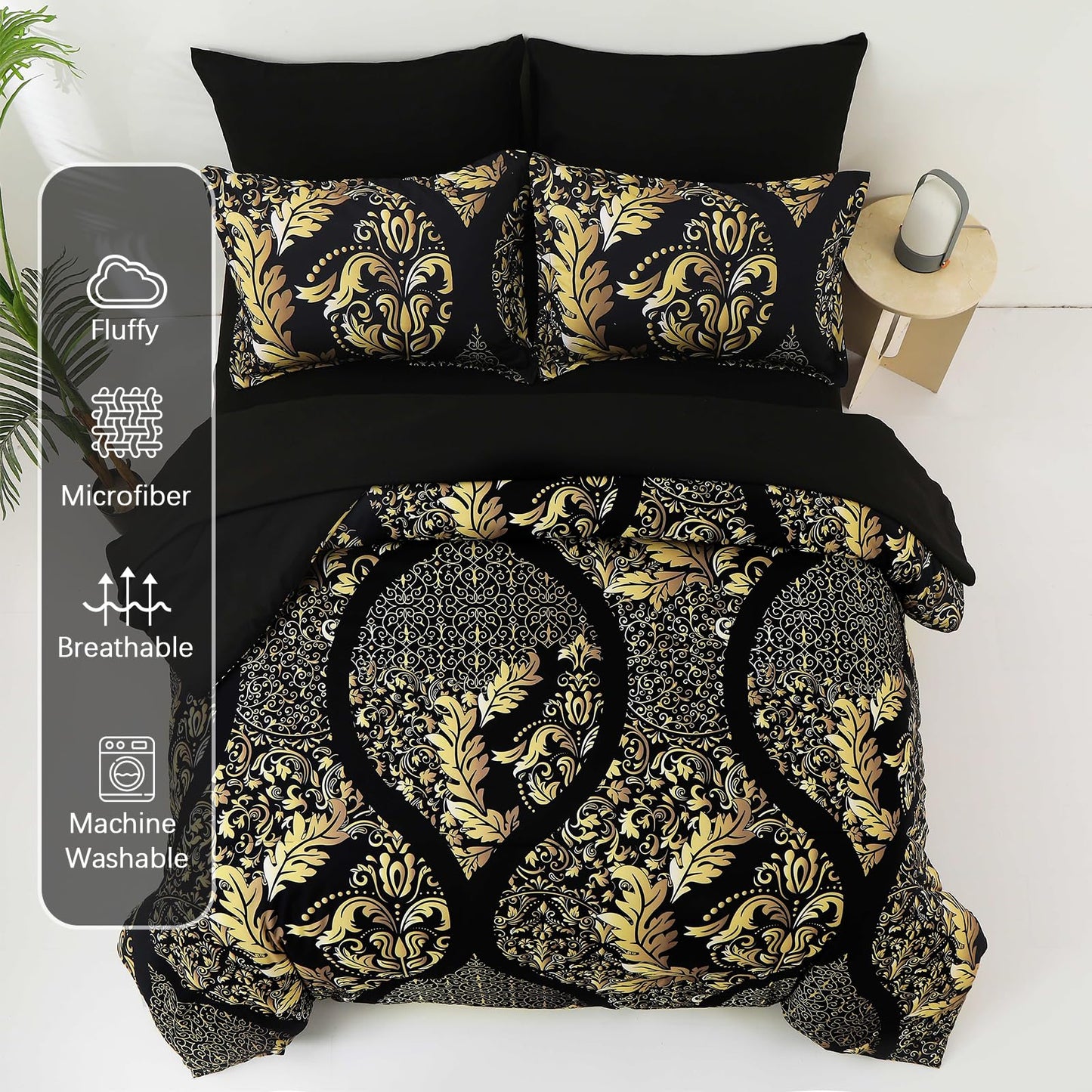 Anibedding Black Gold Comforter Set King Size, 7 Pieces Bohemian Damask Comforter Set Soft Lightweight Microfiber Bedding Set for All Season (104"x90")