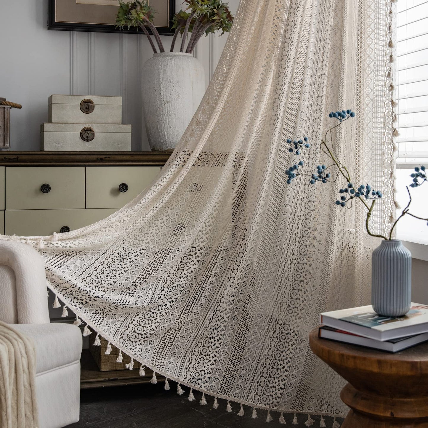Sutuo Home Beige Boho Lace Sheer Curtains 84 inches Long,Crochet Macrame Semi-Sheer Bohemian Drape with Tassels, Cream Farmhouse Window Curtains for Living Room & Bedroom, 1 Panel 59" W,Rod Pocket