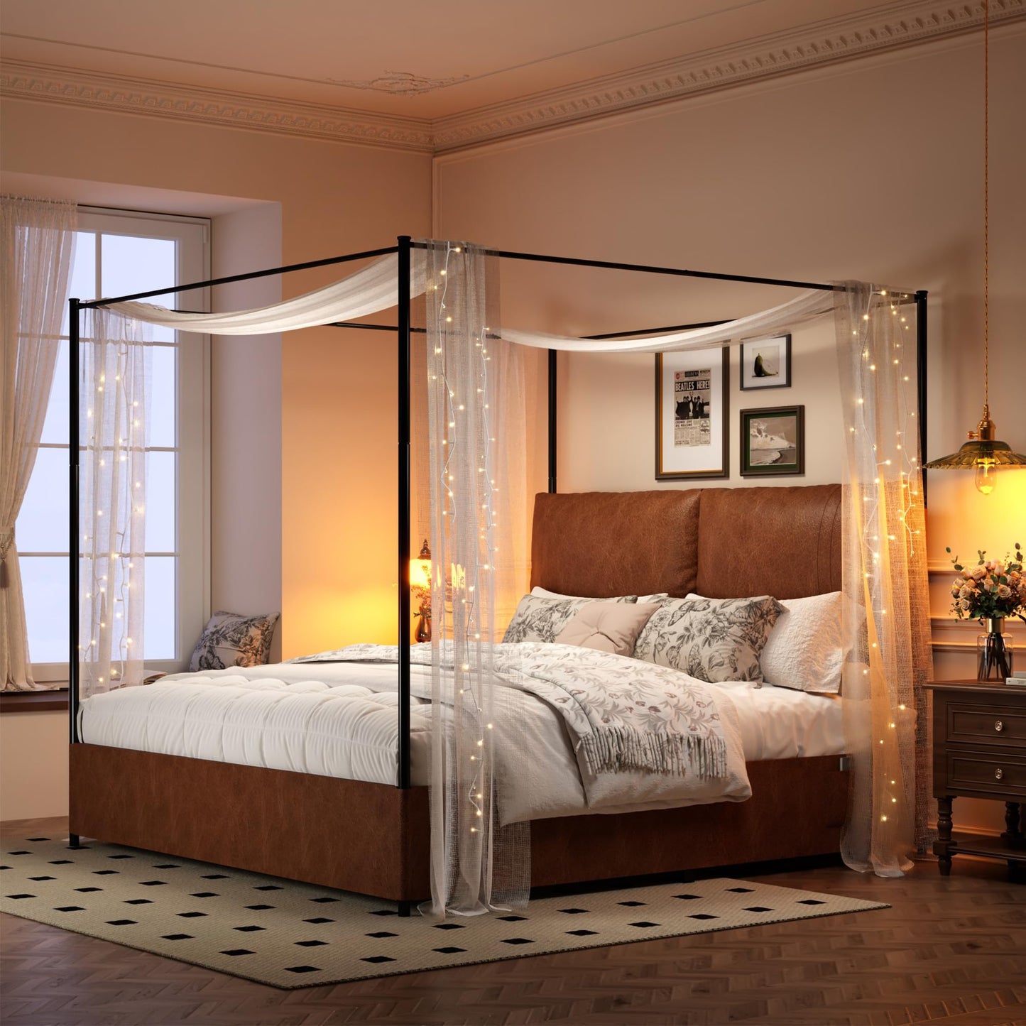 madeslves King Size Upholstered Canopy Bed Frame with Headboard, Heavy Duty Metal Slats Support, No Box Spring Needed, Easy Assembly, Brown