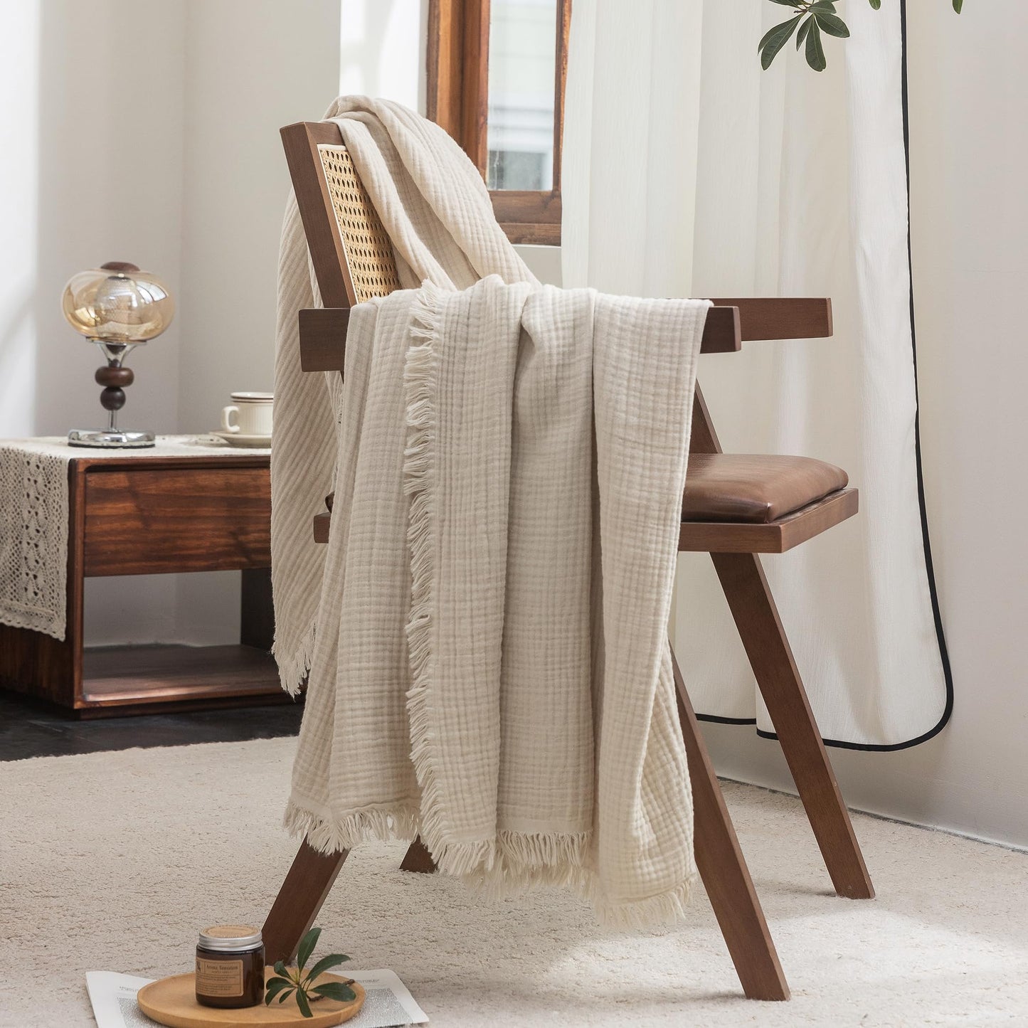 FOSSA Muslin Blanket with Fringe - 4-Layer 100% Cotton Gauze Super Soft & Breathable Throw -Lightweight Decorative Cooling Blanket for Bed, Sofa, Office (Beige, Throw (60" × 50"))
