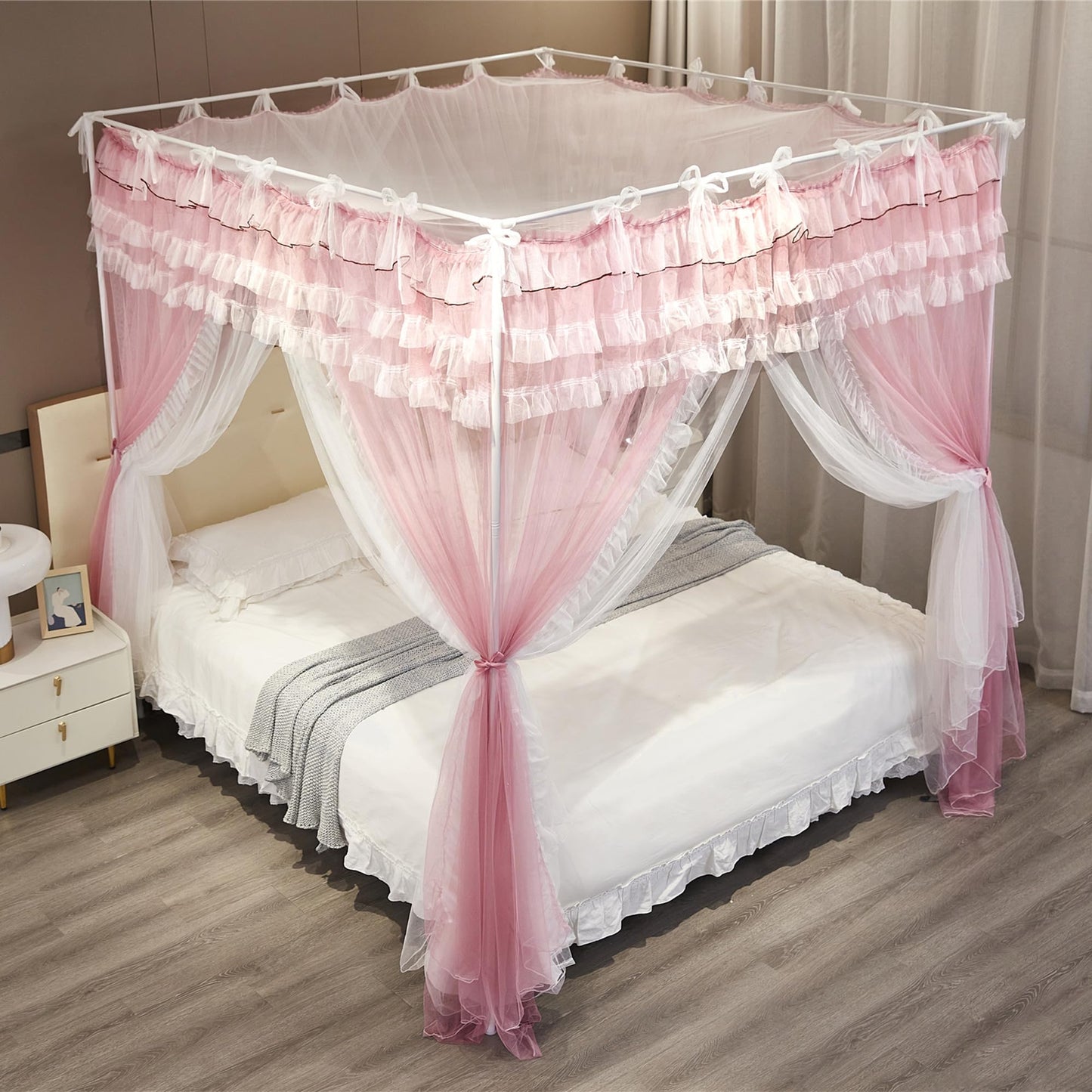 NXGIO Bed Canopy Curtain Double Layer 4 Corners Post Lace Up Ruffle Princess Drape Netting 4 Opening Mosquito Net for Girls Bedroom Decoration (Pink/White, 53" W*78" L*82" H/Full)