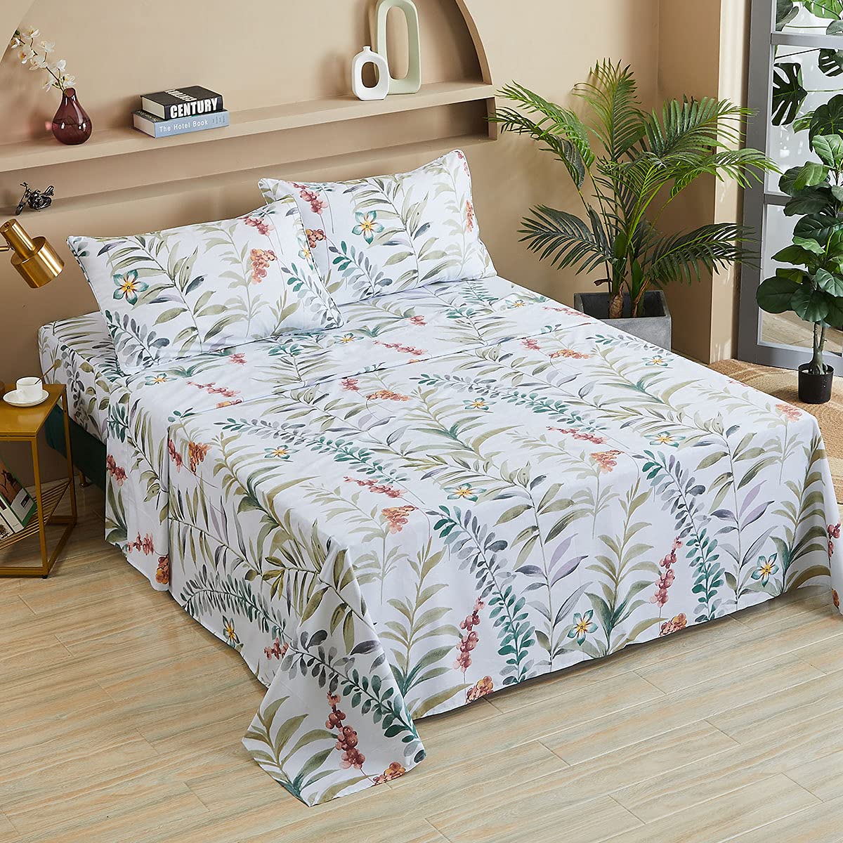 FADFAY Floral Leaves Sheet Set Queen, Premium 100% Cotton 600 TC Green Leaf & Teal Flower Watercolor Farmhouse Bedding, Super Soft Breathable Deep Pocket Bed Sheets Set, 4-Piece Queen