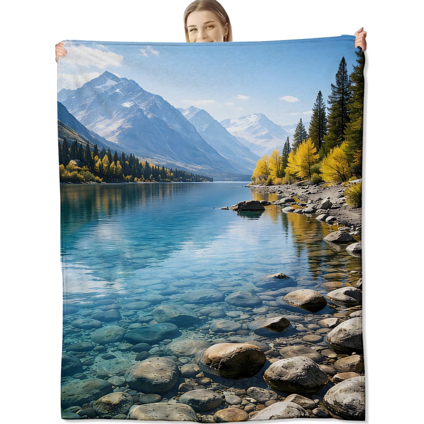 cromcu Mountain Lake Landscape Throw Blanket for Nature and Outdoor Lovers, Forest and Clear Water Art Flannel Throws Blankets, Peaceful Gifts, Soft Warm Cozy for Sofa Couch Bed Home Decor 60" x 50"