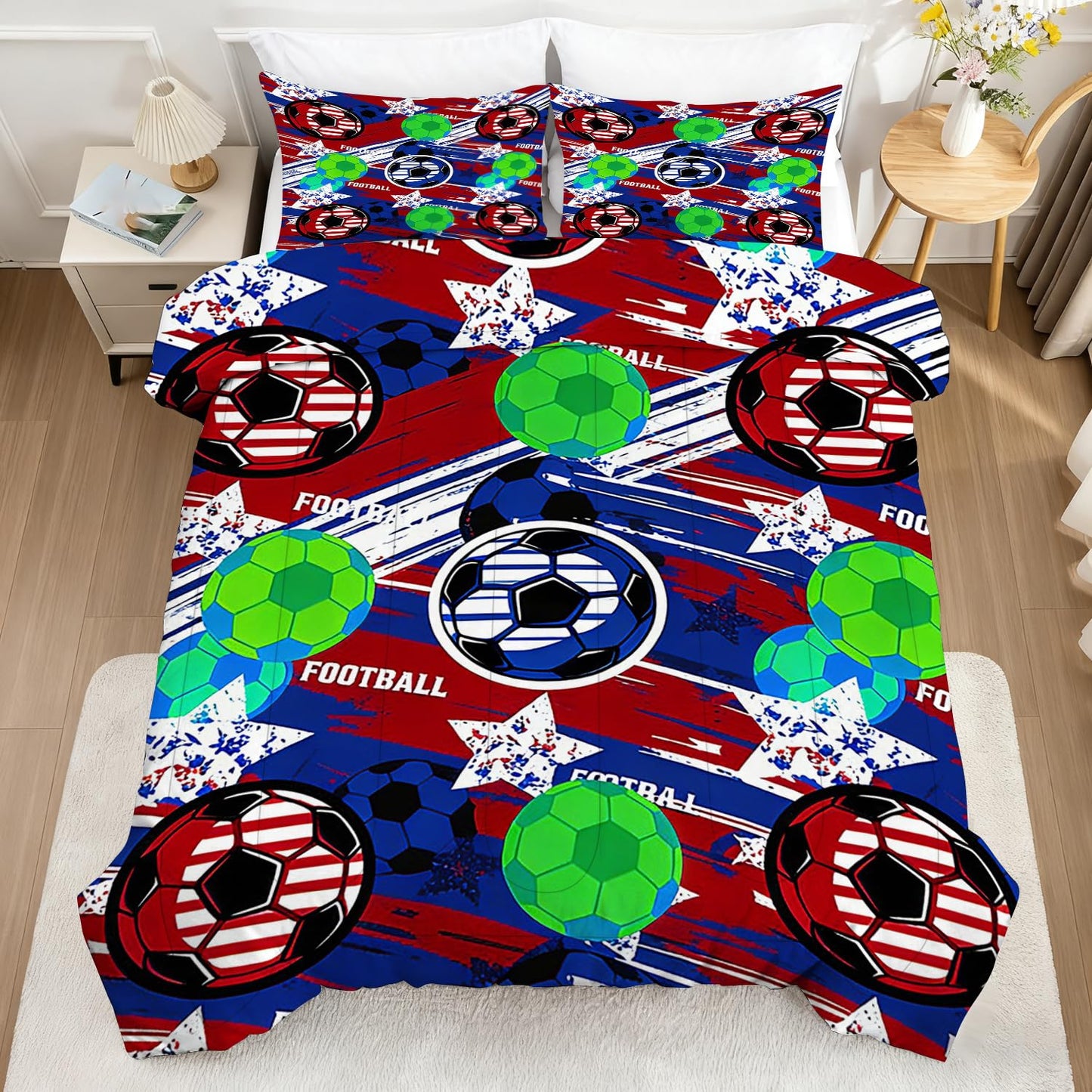 CERYUEE Soccer Comforter Set Football Bedding Set Sports Theme Red Blue Green Quilt Twin Bed Sets for Kids Teen Boys Bedroom Decor 1 Comforter+ 1 Pillowcase
