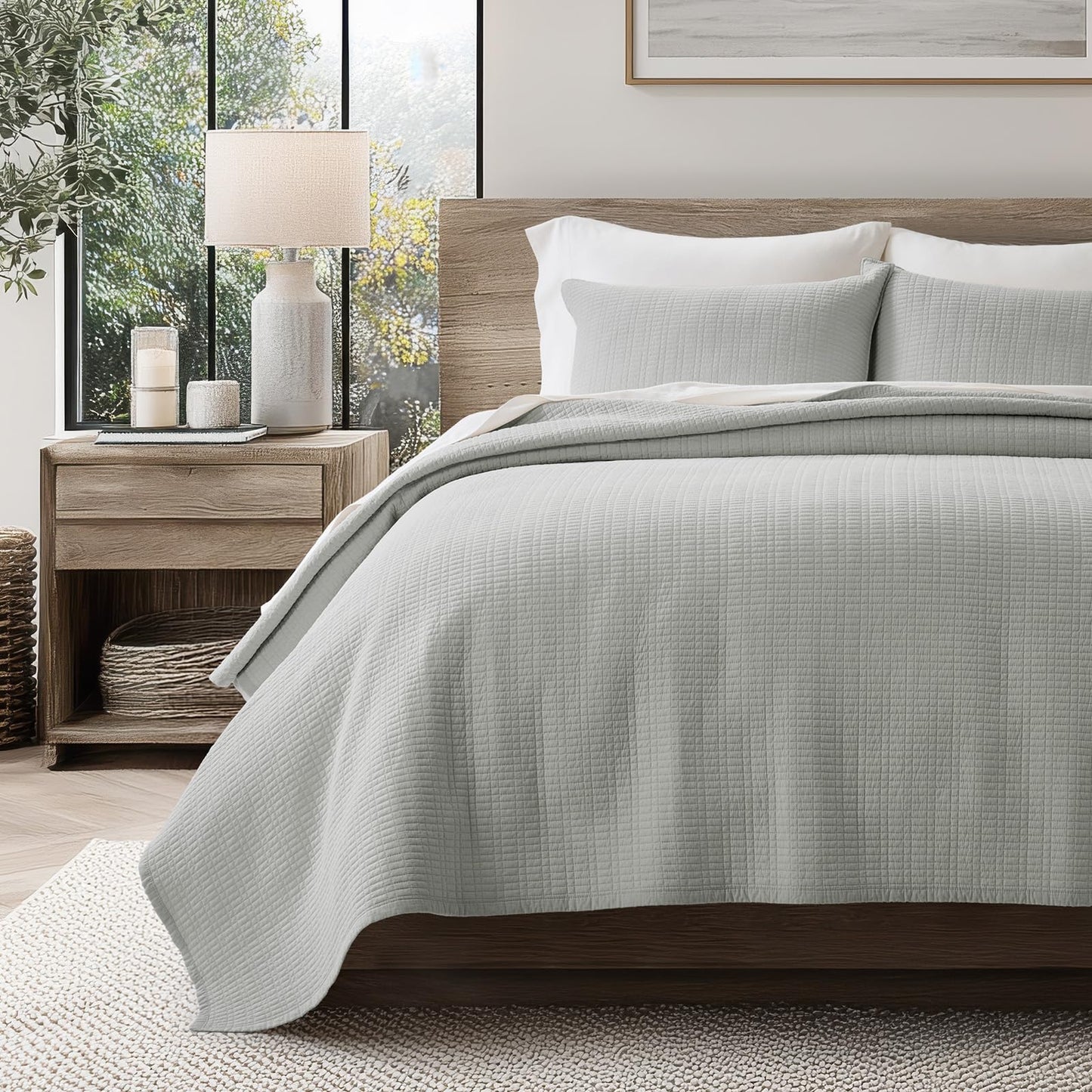 EverGrace 100% Cotton Quilt King Size, Pre-Washed Modern Grid Stitch Lightweight Bedspread Coverlet for All Season, Oversized 3-Piece Bedding Set with 2 Pillow Shams, Drizzle Gray