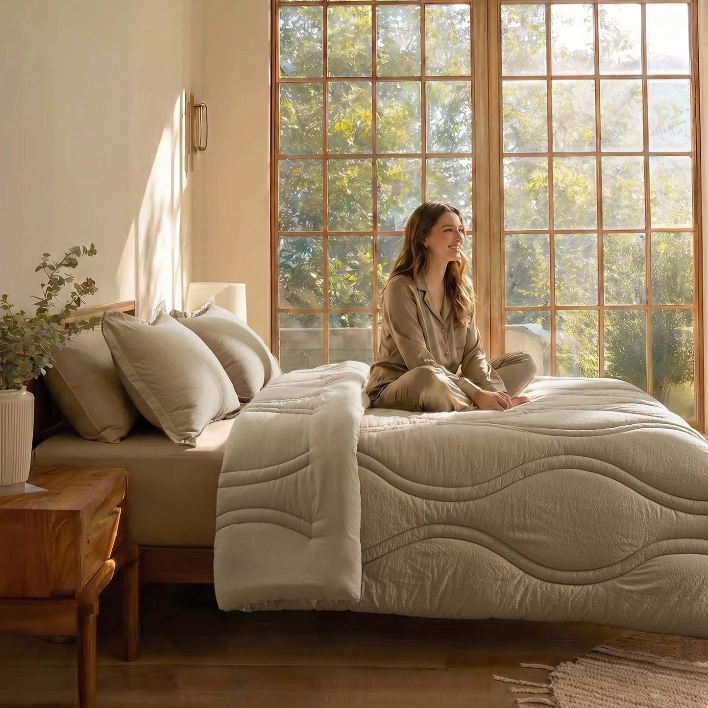 King Size Comforter Set 3 Pieces: Taupe Quilted 104"X90" Comforter With Vase Striped Pattern Design- Modern Dark Khaki Cozy Fluffy Soft All Seasons Jacquard Bed Set with 2 Pillow Shams for Bedroom