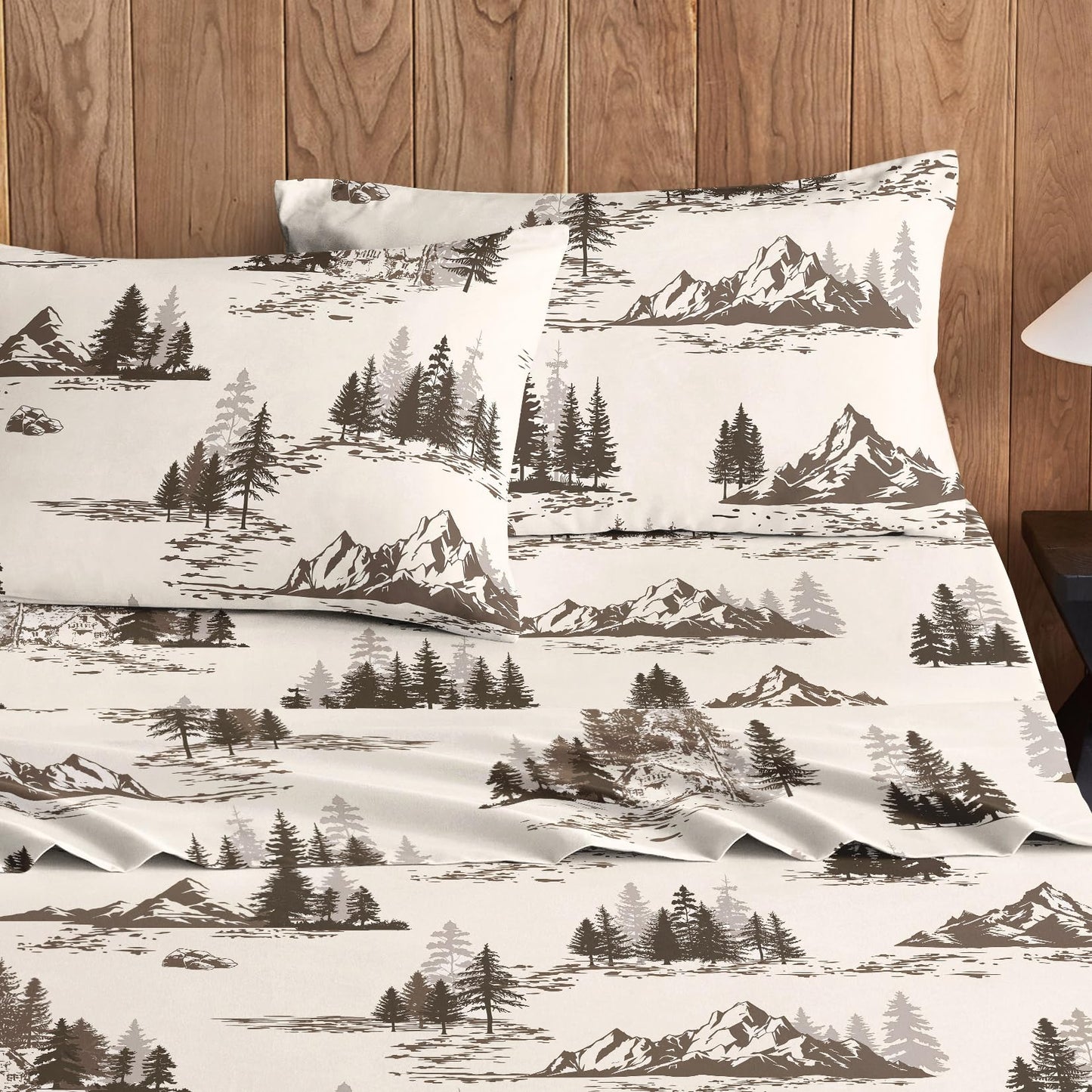 Wake In Cloud - Rustic Bed Sheets, 4-Piece Sheet Set, Cabin Forest Woodland Camping Theme with Lodge Mountain Pattern Printed Bedding, Deep Pocket, Beige Brown, Queen Size
