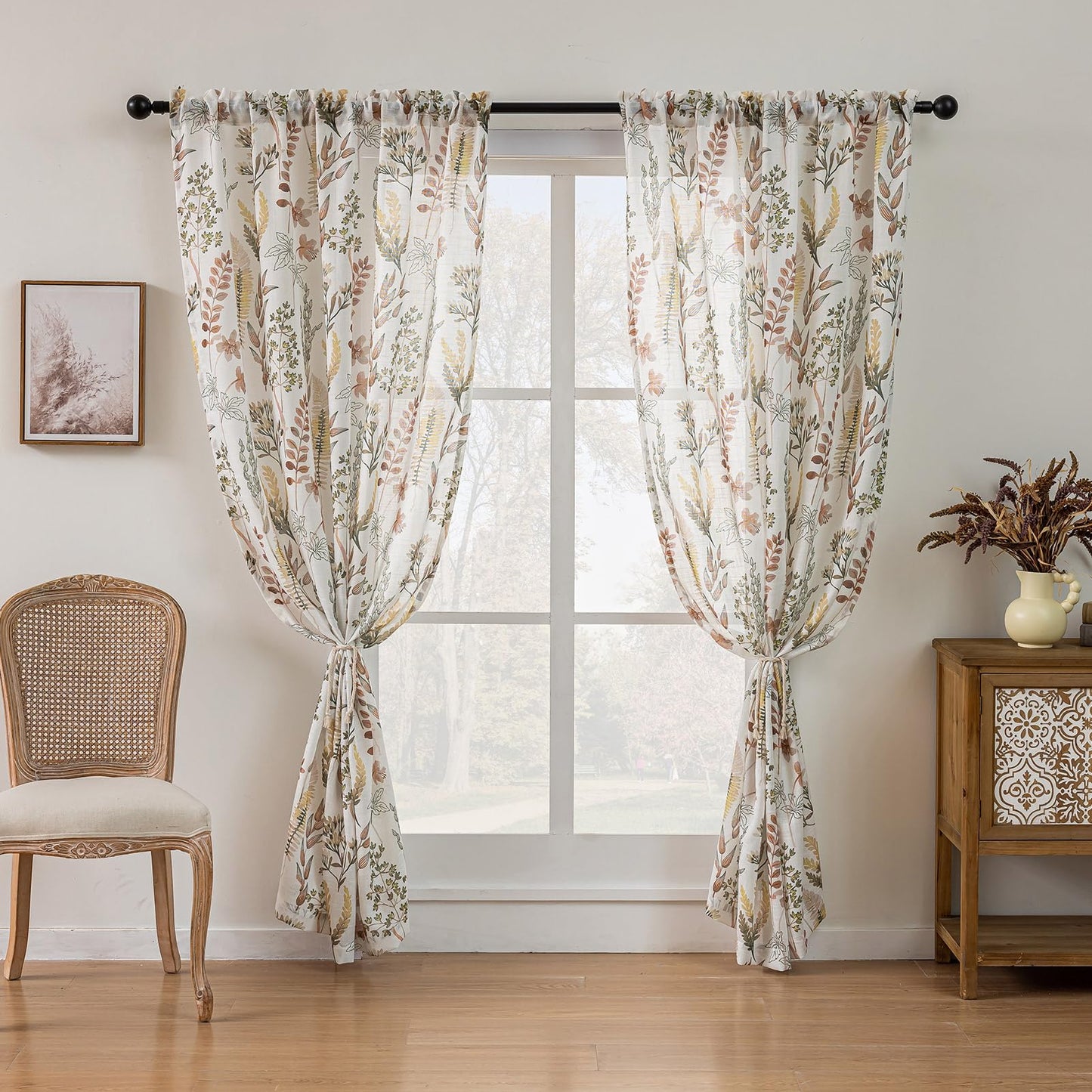SUOUO Red-Brown Tropical Leaves Semi Sheer Curtains Linen Textured for Living Room Patterned Wildflower 84 inches Long Window Drapes for Dining Bedroom 2 Panels