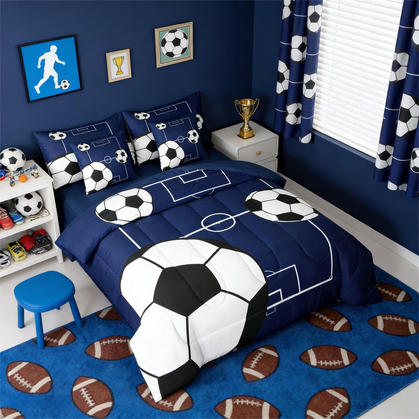 Erosebridal Football Bedding Set Full Size 7 Pieces Boys Sports Theme for Teens Soccer Ball Pattern Bed in a Bag Football Court Comforter Set with Sheets Playground Blue White for Kids Girls