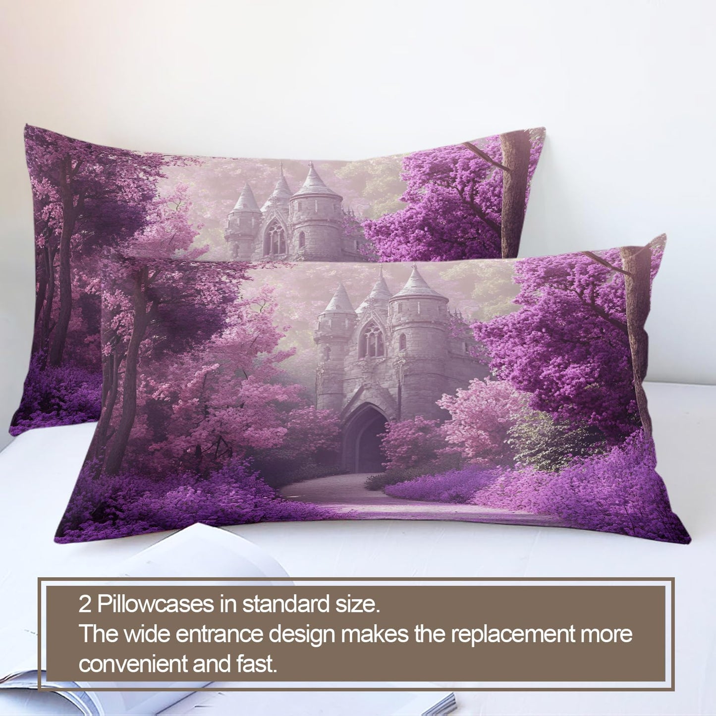 PAISUOQ Girl Duvet Cover, Fantasy Castle Bedding & Duvet Cover King, Mysterious Purple Comforter Set with Zipper, 3 Pieces with 2 Pillowcases, Bedroom Decor & Gifts
