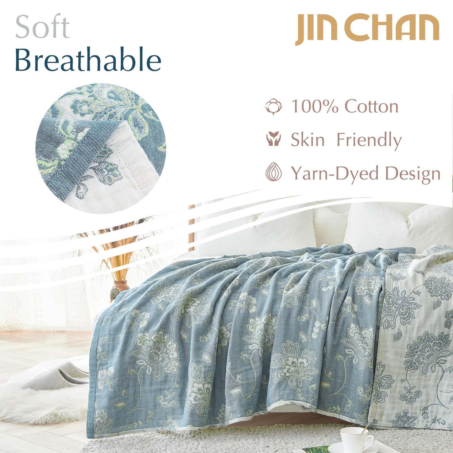 jinchan Boho 100% Cotton Muslin Twin Size 60x80 Inches Blanket Lightweight 4-Layer Quilted Soft Blue and White Floral Throw Blanket Green Accents Reversible Comfy Flower Summer Couch Bedroom Decor