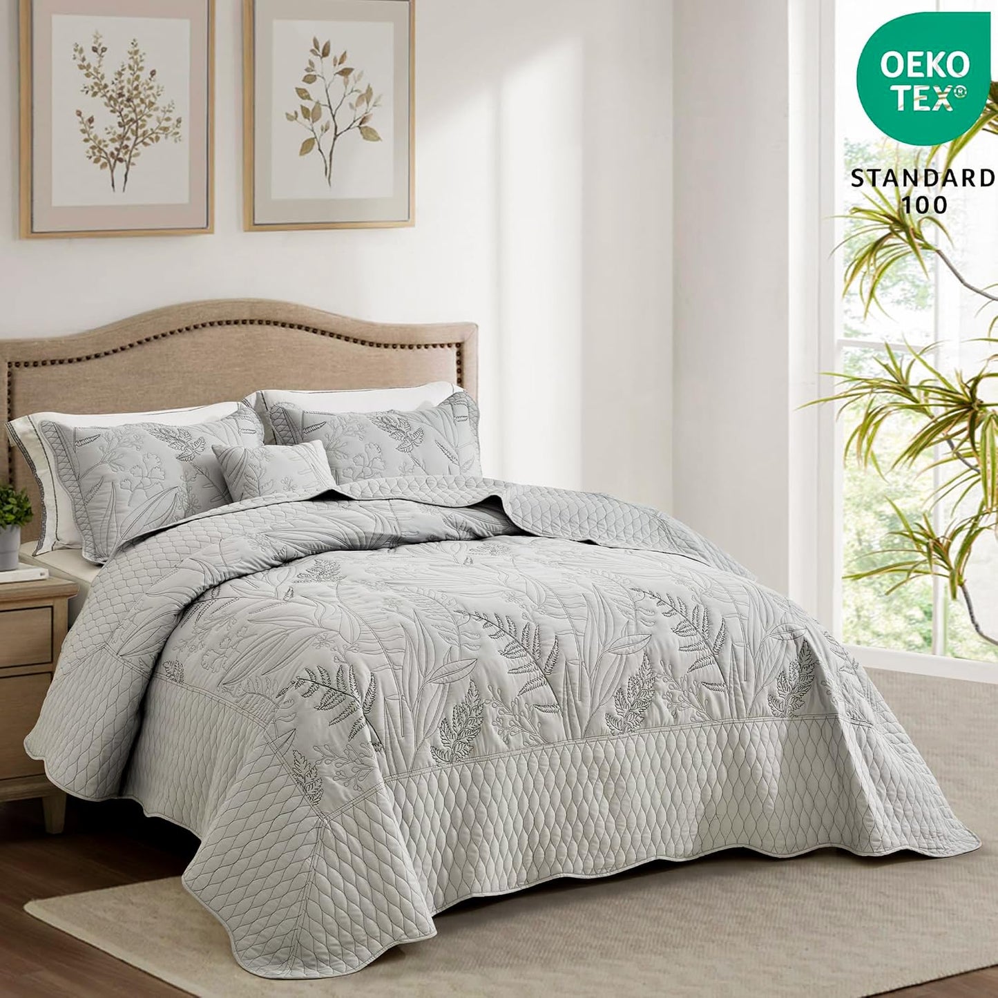 DaisyHuang Botanical Oversized Bedspread Queen Size - Leaves Pattern Stitching Quilt Set - Elegant & Fresh Style Bedding Coverlets, Reversible, Lightweight, 5 Piece, Grey