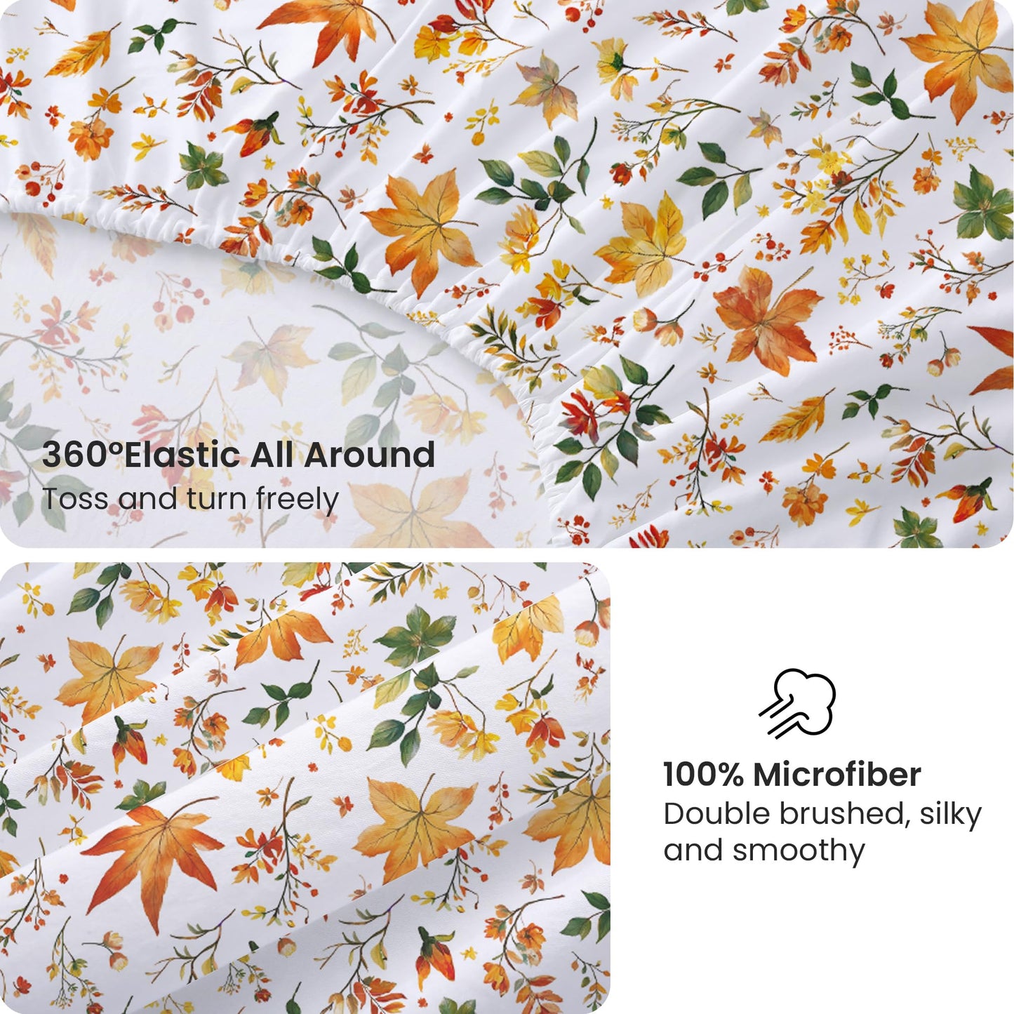 Viviland Floral Twin Sheet Set - 3 Piece Vintage Orange Maple Leaves Patterned Bed Sheets - Soft, Breathable Microfiber Sheets with Deep Pocket, Non-Slip Fitted Sheets & Pillowcases