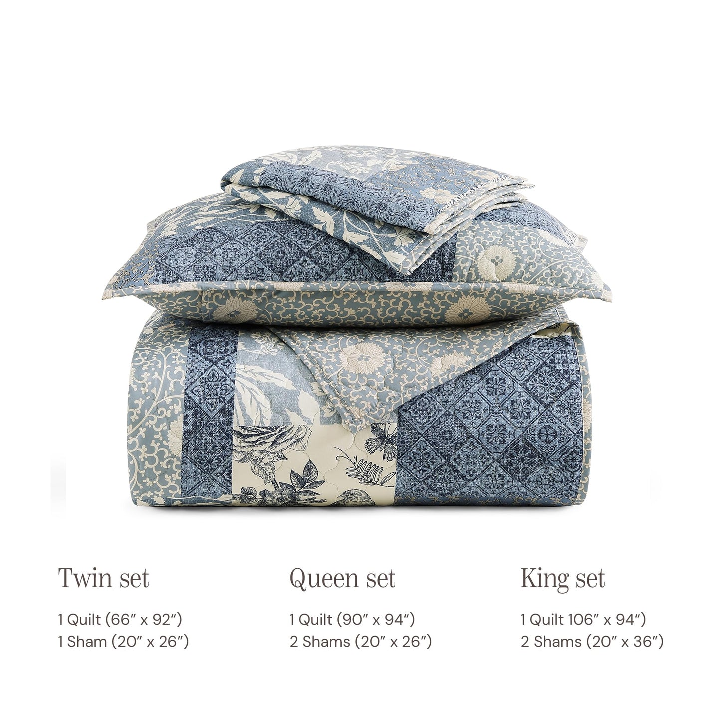 BLOOMHAVEN Quilt Set Queen Size, Patchwork Blue Floral Quilt Sets, Reversible Bedspread Lightweight and Breathable for All Seasons, Soft Quilted Bedspread with 2 Pillow Shams