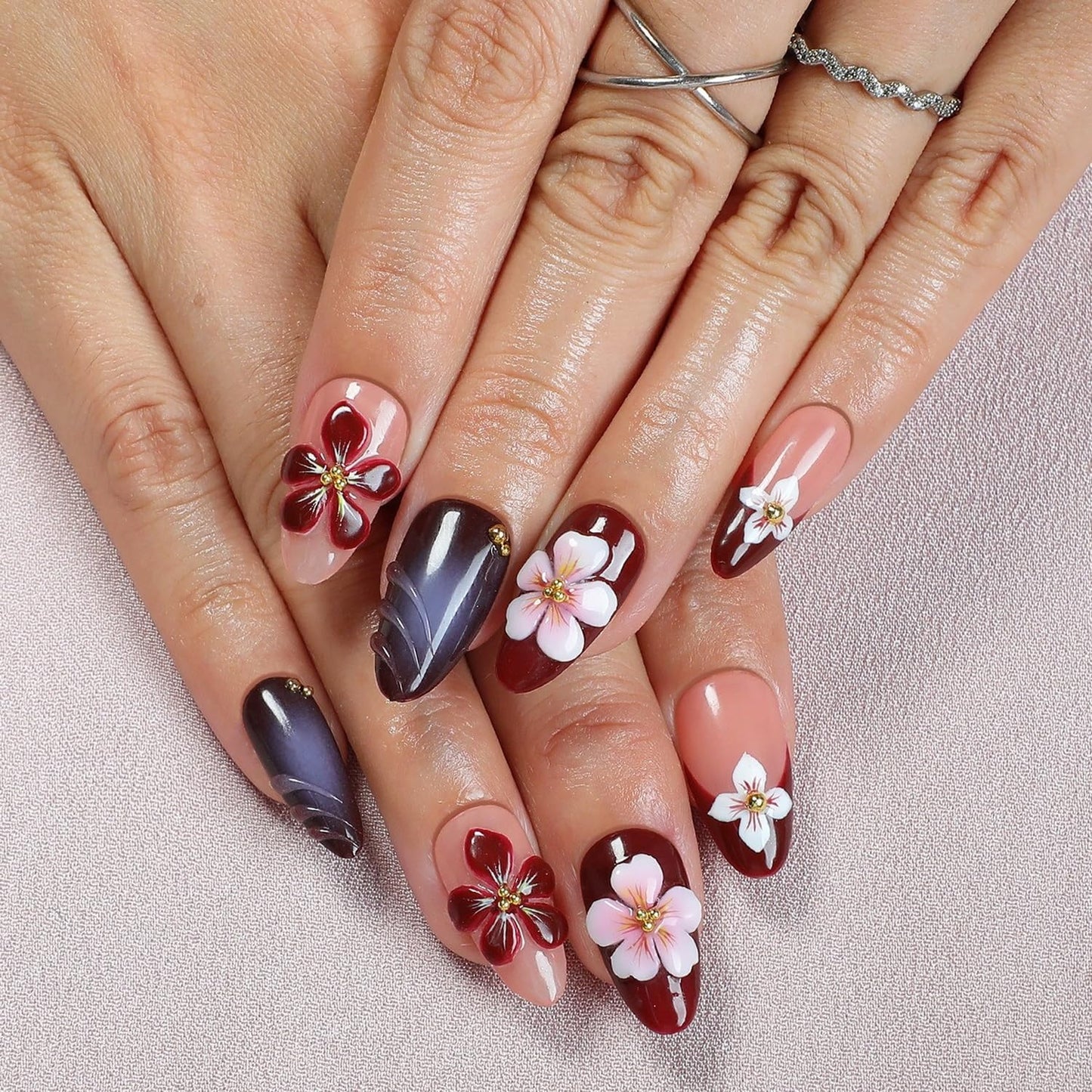 Flower Press on Nails Handmade Press on Nails 3D Floral Embossed and Golden Steel Ball Designs Medium Almond Fake Nail French False Nails Thick Acrylic Nail Stick on Nails for Women（Size S)