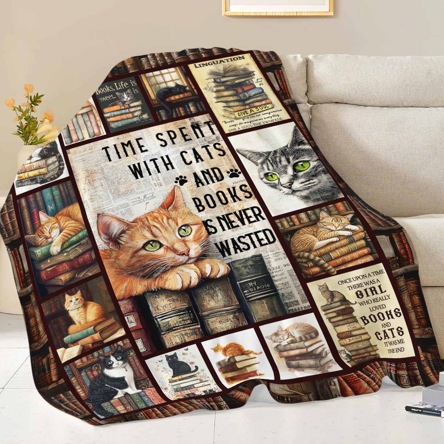 Dynova Cat Blanket Cozy Plush Book Throw Blankets Cozy Plush Cats Books Lovers Gifts Fuzzy Flannel Fleece for Women Men Girls Boys 50"X40"