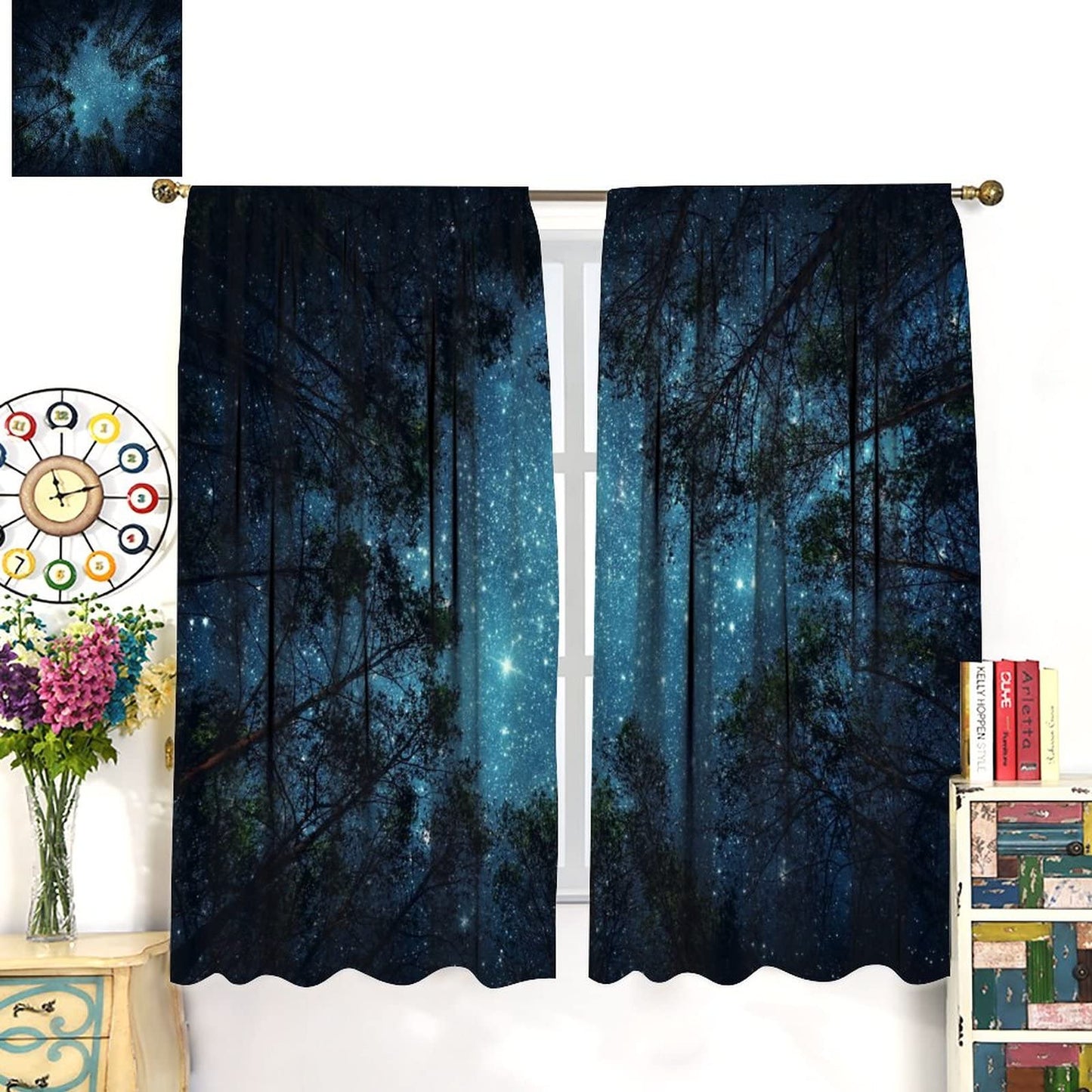 JESTRONRY Forest Starry Window Curtains,Night Moon and Stars Mystic Forest Galaxy Nature Scenery Home Decor Blackout Drapes for Living Room Bedroom Kitchen Bathroom 42x45in