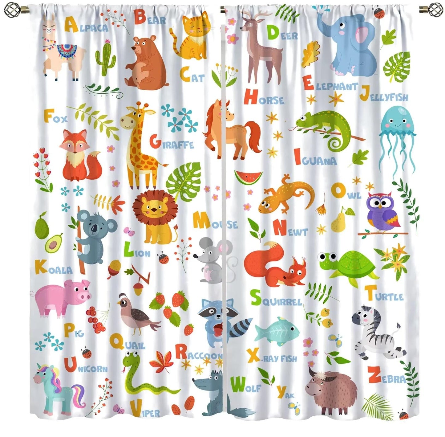 Learning Education ABC Curtains for Kids,Cartoon Watercolour Animals Plants Flowers Toddlers Alphabet Learning Plants Fruits Window Drapes for Boys Girls Baby Nursery Bedroom 42x45in（No Blackout）