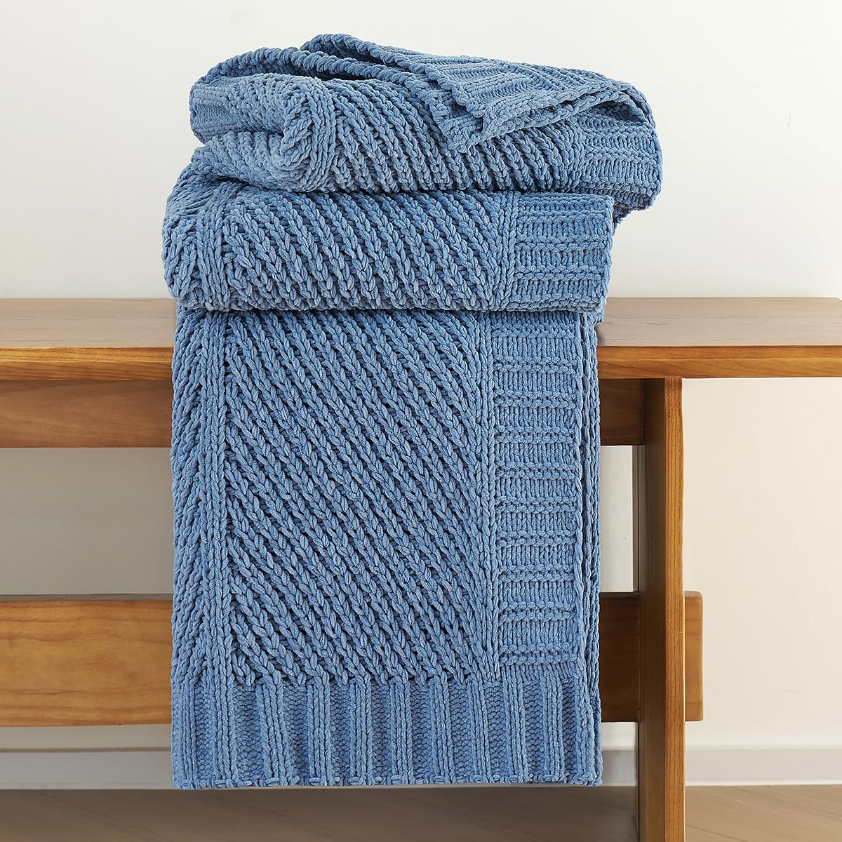 Amélie Home Knit Throw Blanket, Soft Chenille Cozy Breathable Chevron Chunky Decorative Blanket for Couch, Bed & Sofa, French-Inspired Lightweight Warm Gift for Women, Washed Blue, 50"x60"