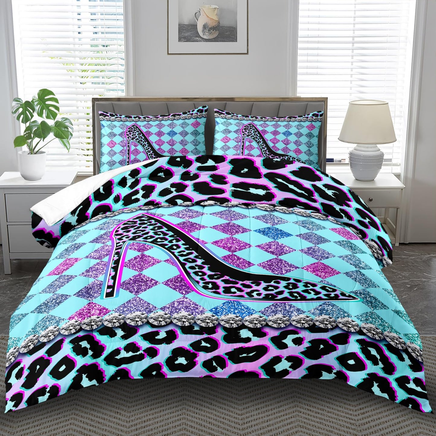 llyxsesty Rainbow Cheetah Print Comforter Set King Girls Sexy High Heels Leopard Print Bedding Set Women High Heels Leopard Comforter Quilt Bedroom Decor Animal Cheetah Bedding Bed Decor