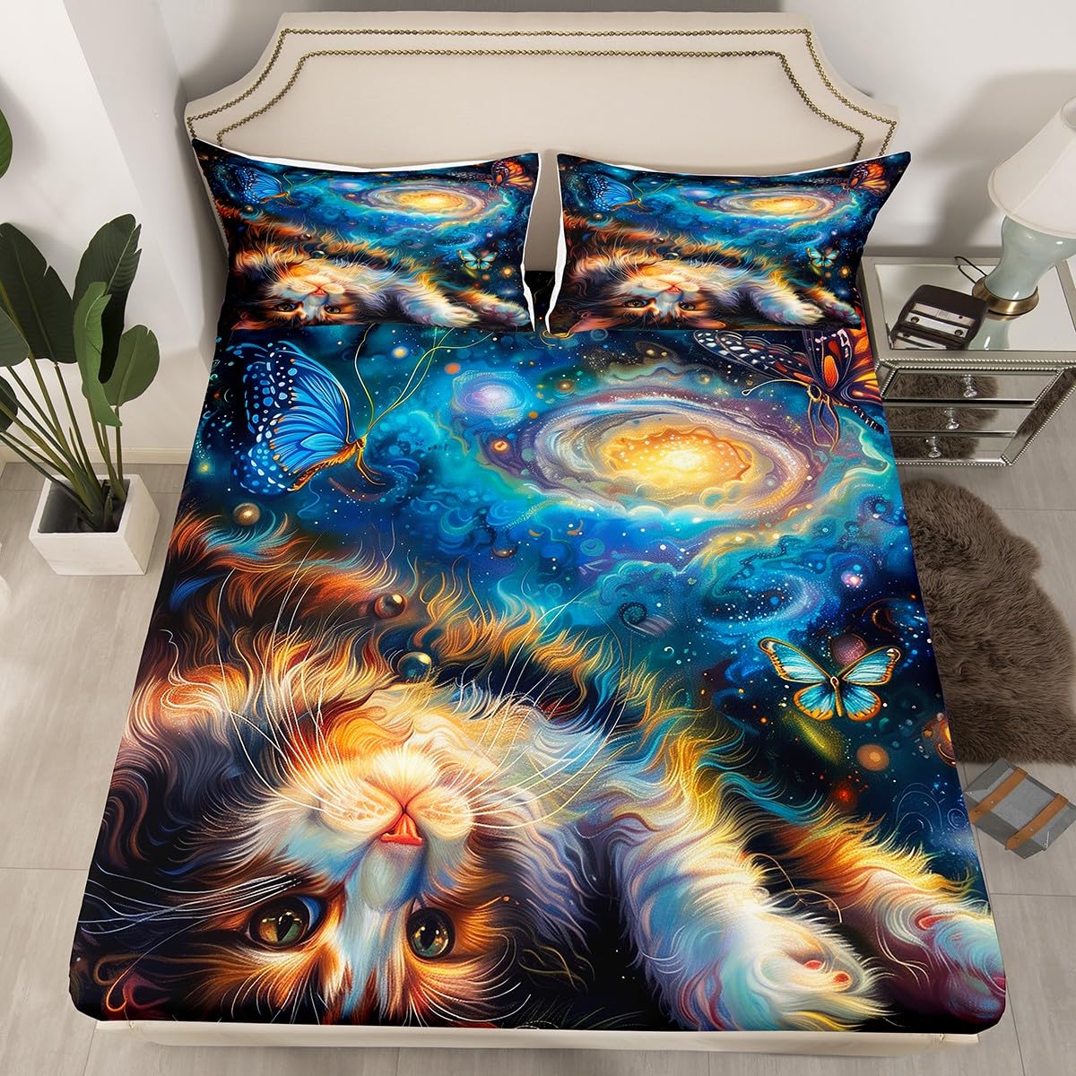 Cute Cat Kids Fitted Sheet Full Size,Glitter Starry Sky Galaxy Bedding Set,Boys Girls Room Decor,Cartoon Animal Pet Rustic Farmhouse Bed Cover,Blue Black Bed Sheet,2 Pillowcases