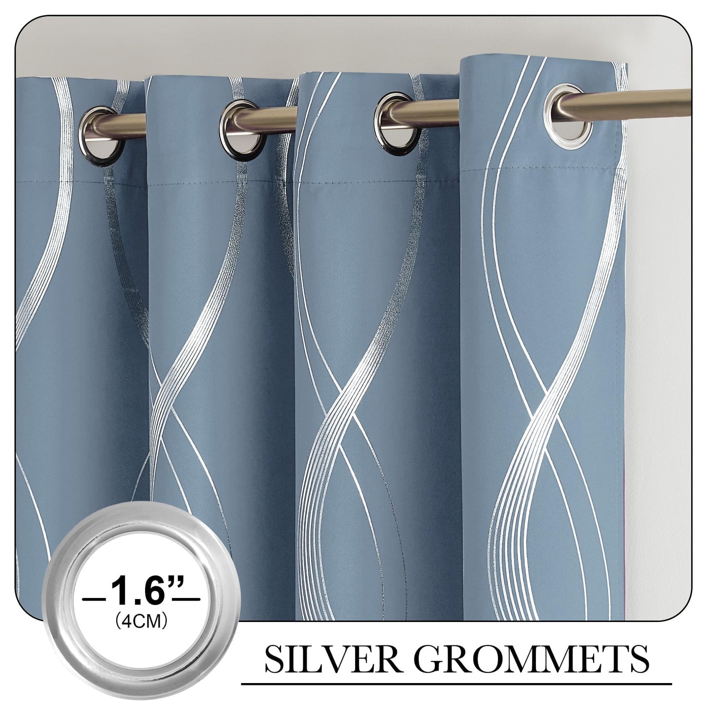 NICETOWN Dusty Blue Patterned Stripe Curtains for Bedroom and Patio, W52 x L84 inch, Wave Line Foil Print Design Morden Home Decor Room Darkening Drapes Room Divider, 2 Panels
