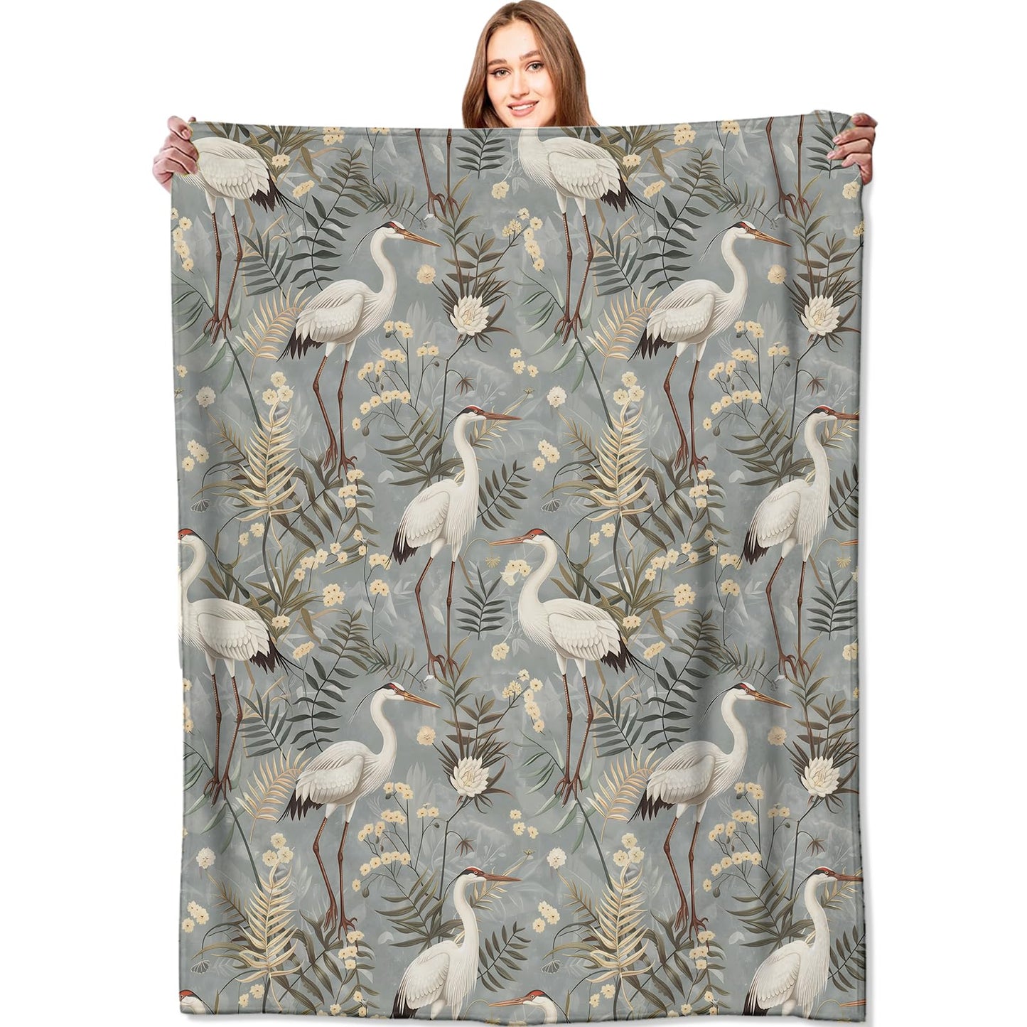 VODRM White Crane Blanket Cute Bird and Foliage Throw Blankets,Birthday Gifts for Kids Girls Boys,Lightweight Soft Fleece,Nature Wildlife Lovers,Sofa Couch Bed Room Elegant Decor 50x60in