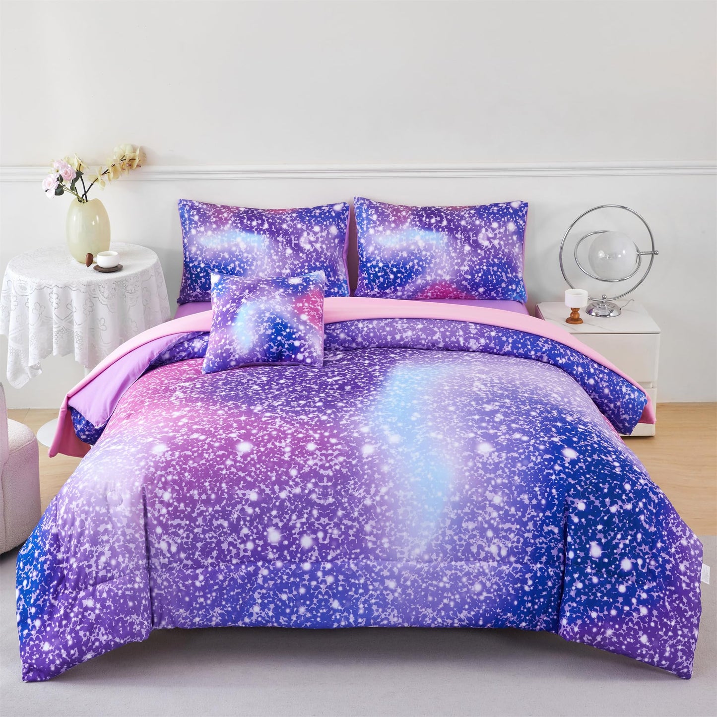 RYNGHIPY 6Pcs Girls Bedding Set Twin Size Purple Rainbow Comforter Set for Kids Teens Girls Glitter Bed in a Bag Lightweight Fluffy