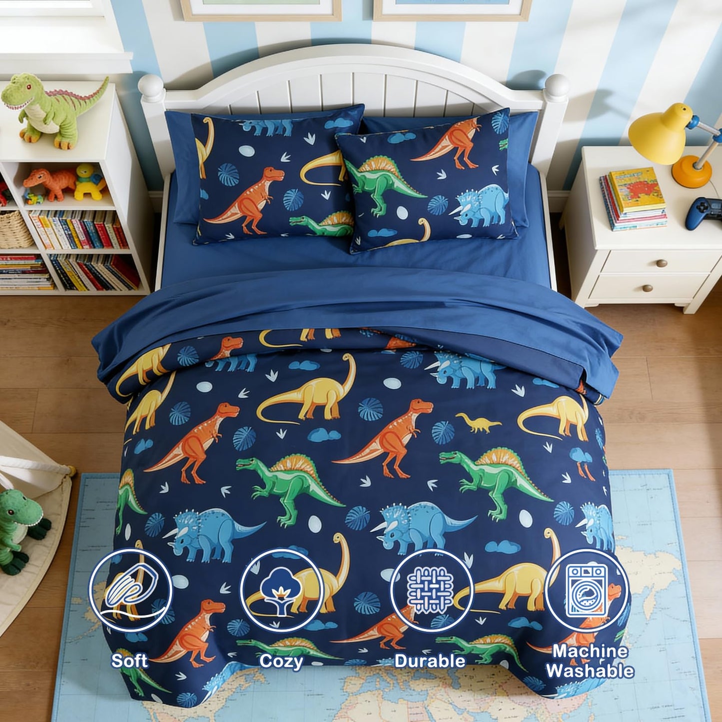 Kaleido Space Twin Comforter Set for Boys Kids - 5 Pieces Navy Dinasour Patterns Twin Bedding Sets for Boys Teen, Soft Cozy Bed in A Bag with Sheets
