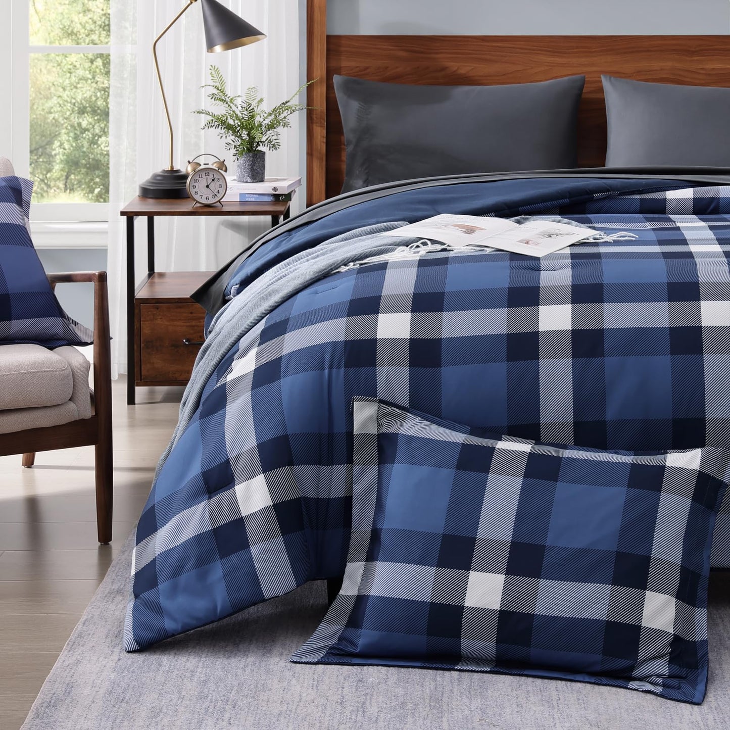 MaiRêve Queen Size Plaid Comforter Set Indigo Blue, Classic Checkered 7 Pieces Farmhouse Bedding Set, All Season Lightweight Bed in A Bag with Sheets, Pillowcases & Shams