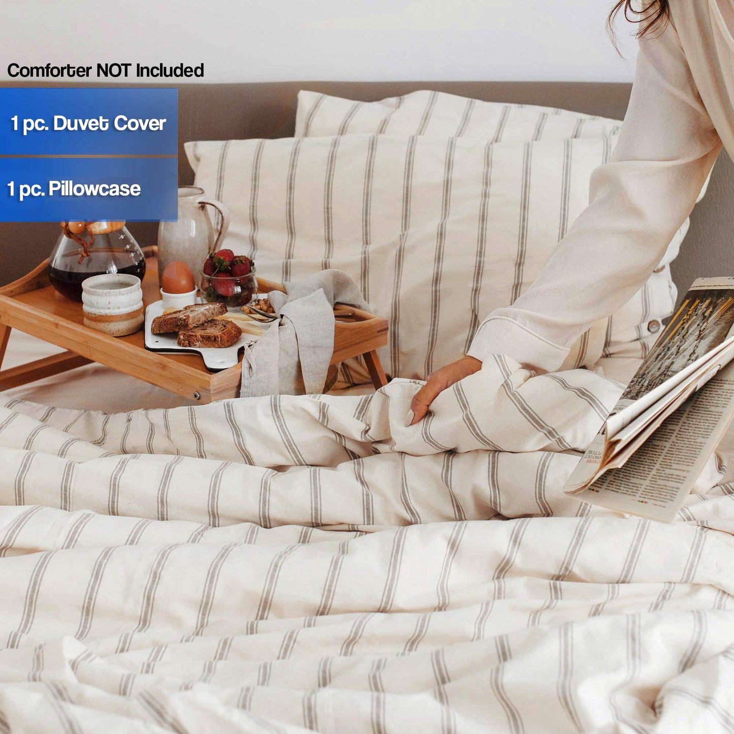 Lavien Home, 100% Natural Cotton Duvet Cover Set Twin Size, Striped 2-Piece Linen Like Bedding - Pre-Washed for Softness and Comfort (Didyma, Twin 68”x90”)
