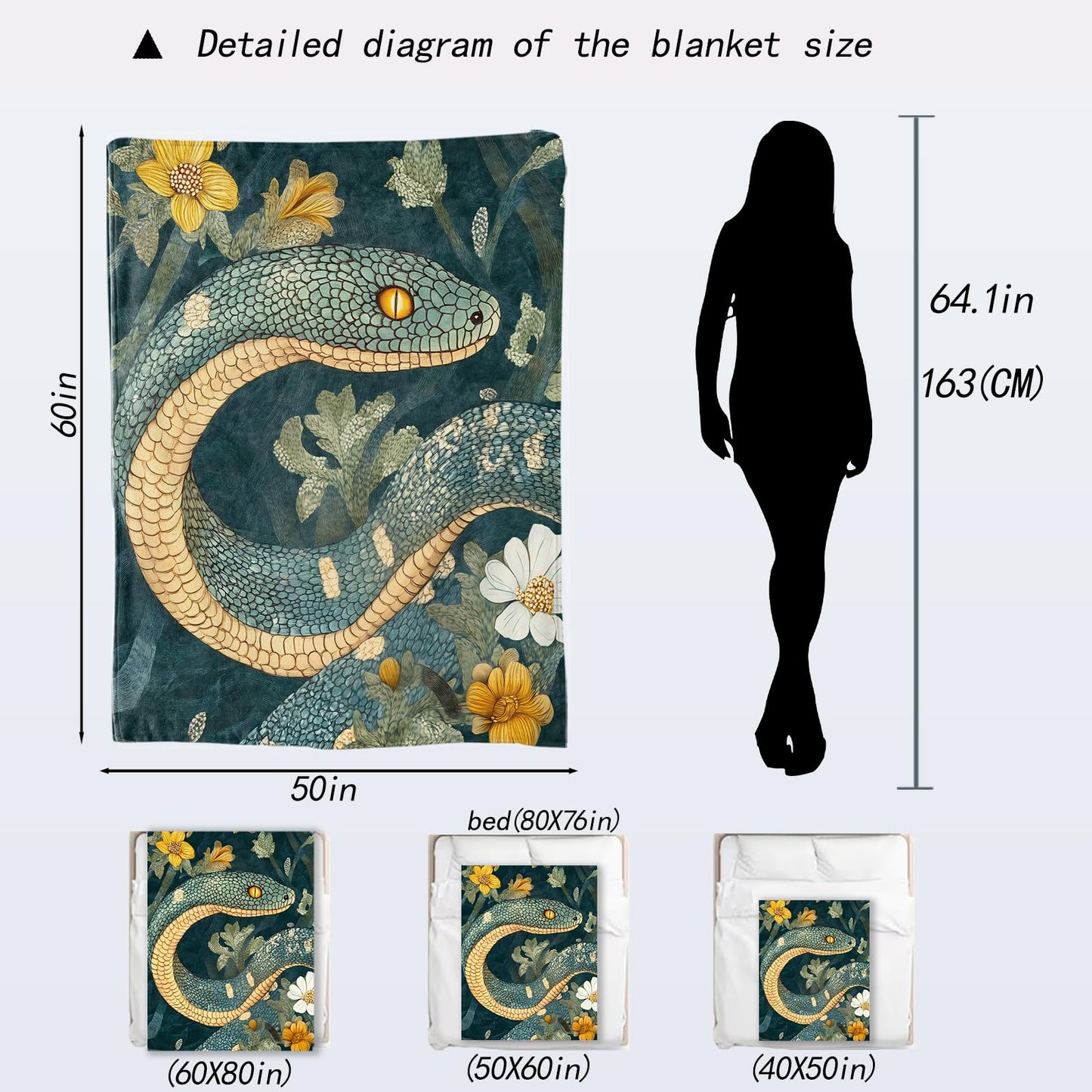 ainori Snake Blanket - Cool Serpentine Dark Green Botanical Fleece Throw,Gifts for Adult, Soft & Warm,Lightweight, for Modern Artistic Decor, Living Room Home Accent 50x60in