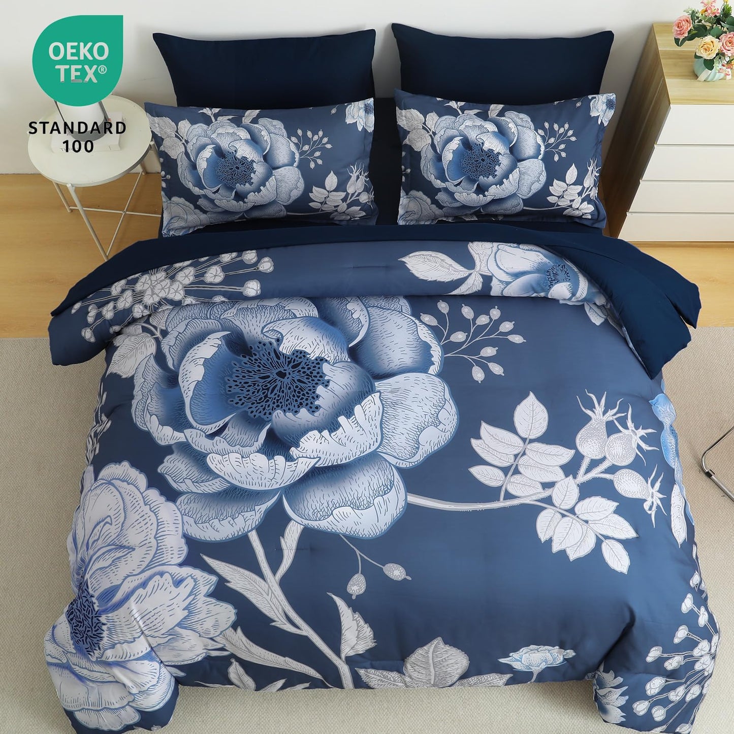 Luxudecor Floral Comforter Set King Size 7 Pieces Bed in a Bag,Flower Print on Blue Bedding Set,Soft Microfiber Bedding Set for All Season (Blue,104"x90")