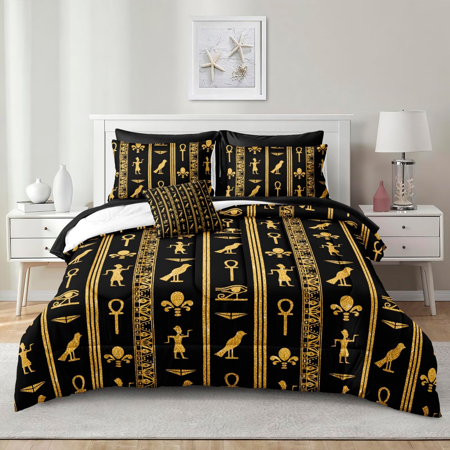 Black Gold Queen Bedding Set - Ancient Egyptian Vintage Pharaoh Pyramid Pattern Boho Tribal Comforter Sheet Set with 1 Cushion Cover (Queen, Black)