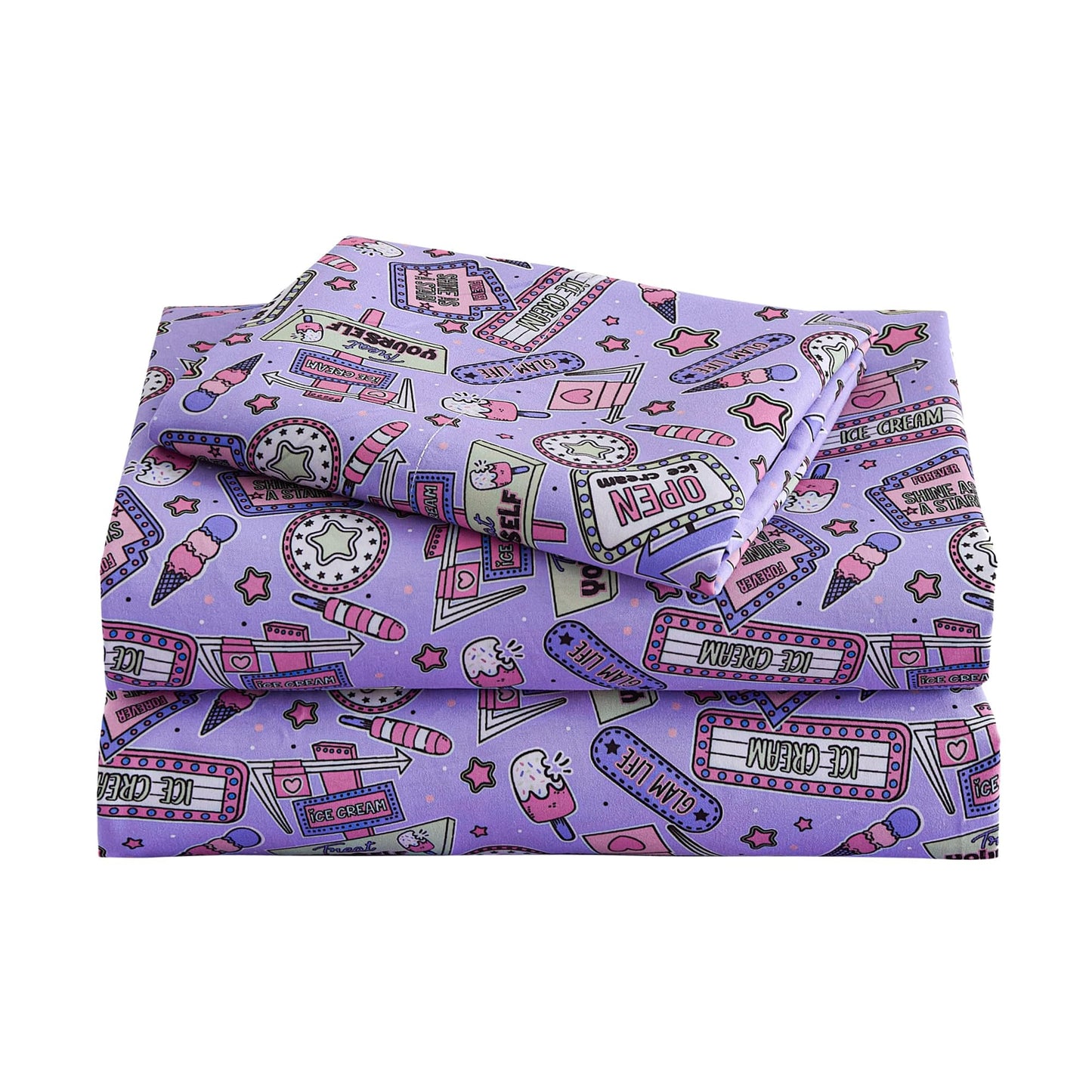 Softan Kids Bed Sheet Set, 4-Piece Full Size Sheets, Microfiber Fitted Sheet with 15 Inches Deep Pocket and Corner Straps, Breathable & Silky Soft Cool Girl Printed Sheet and Pillowcase Sets