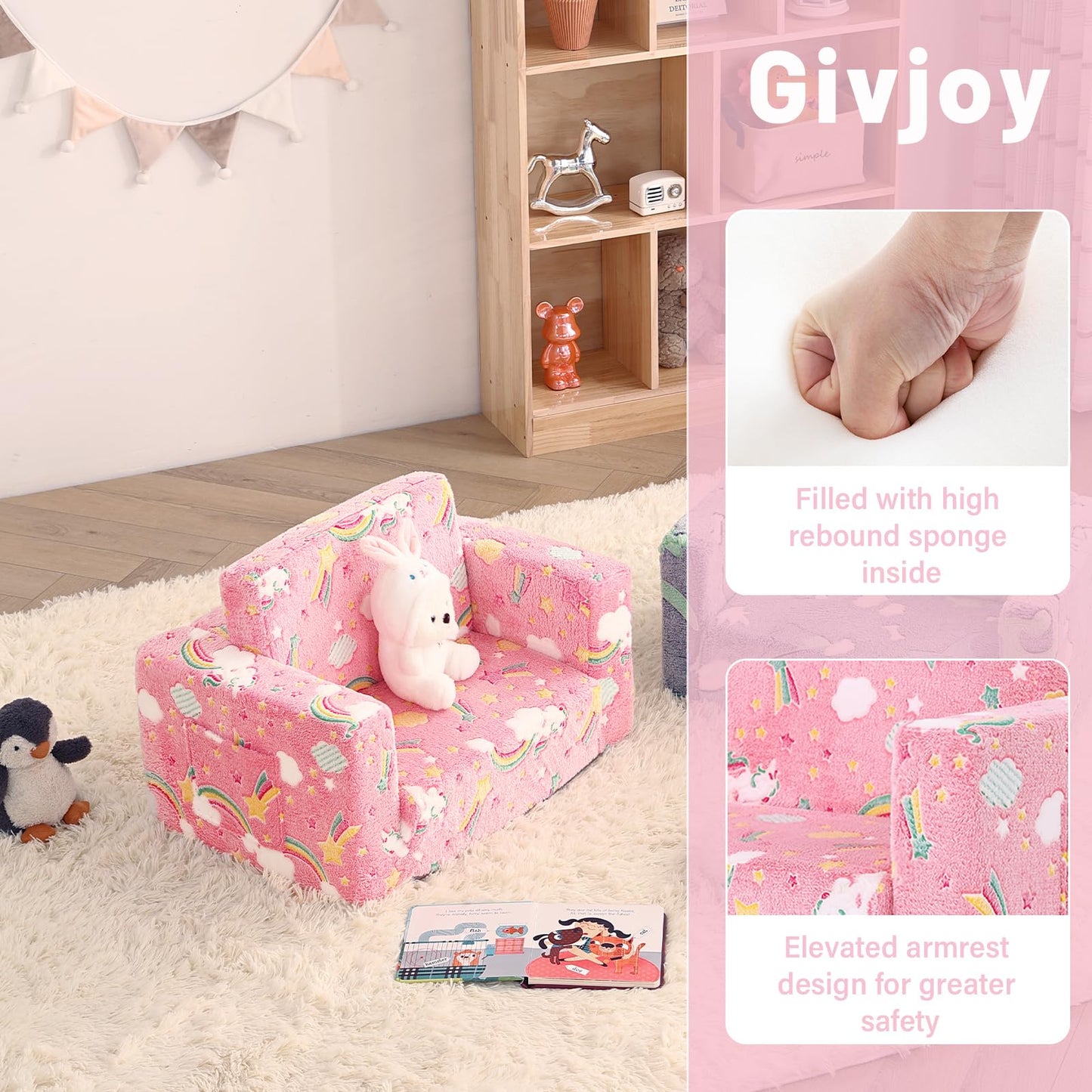 Givjoy Kids Sofa Toddler Chair, Children Couch with Side Pockets 2 in 1 Glow in Dark Armchair with Removable and Washable Cover Carrying Handle Kids Reading Sofa for Playroom, Pink Rainbow