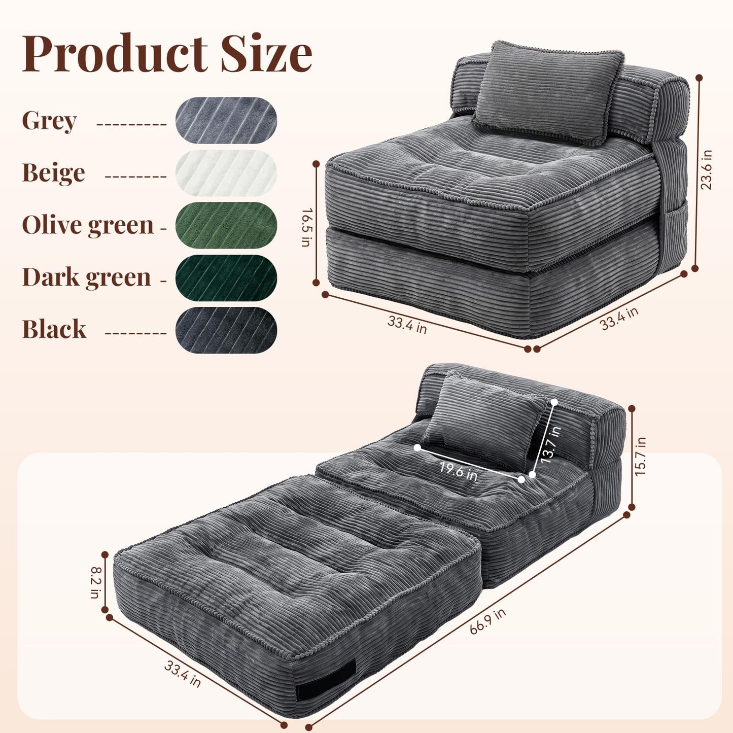 ORWIPO Folding Sofa Bed, Convertible Sleeper Chair with Pillow Foldable Mattress with Back Support, Portable Fold Out Chair Bed Comfy Floor Couch Lounge for Living Room Bedroom Apartment Single