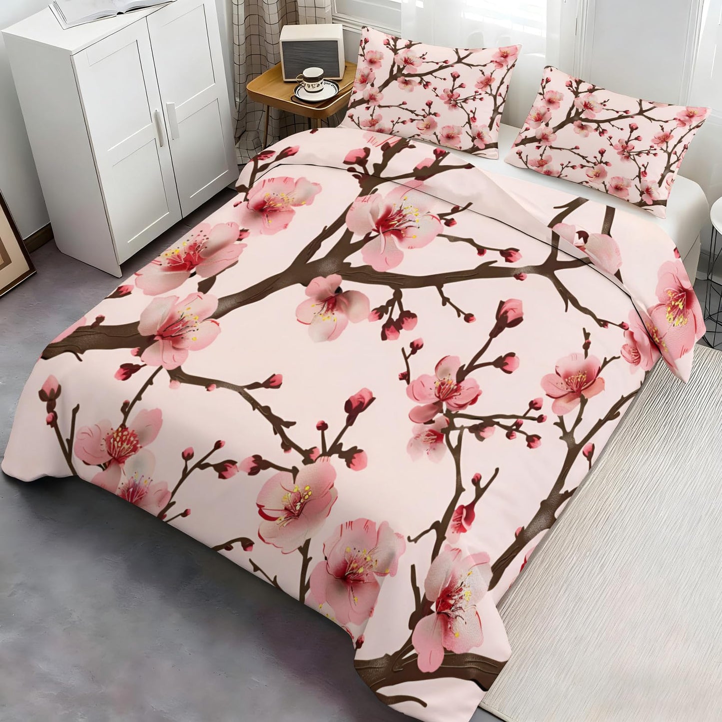 QINYUN Pink Floral Comforter Set Oversized King, Cherry Blossoms Bedding Set 3 Piece, Cherry Blossoms Comforter Cover and 2 Pillow Sham with Zipper Closure